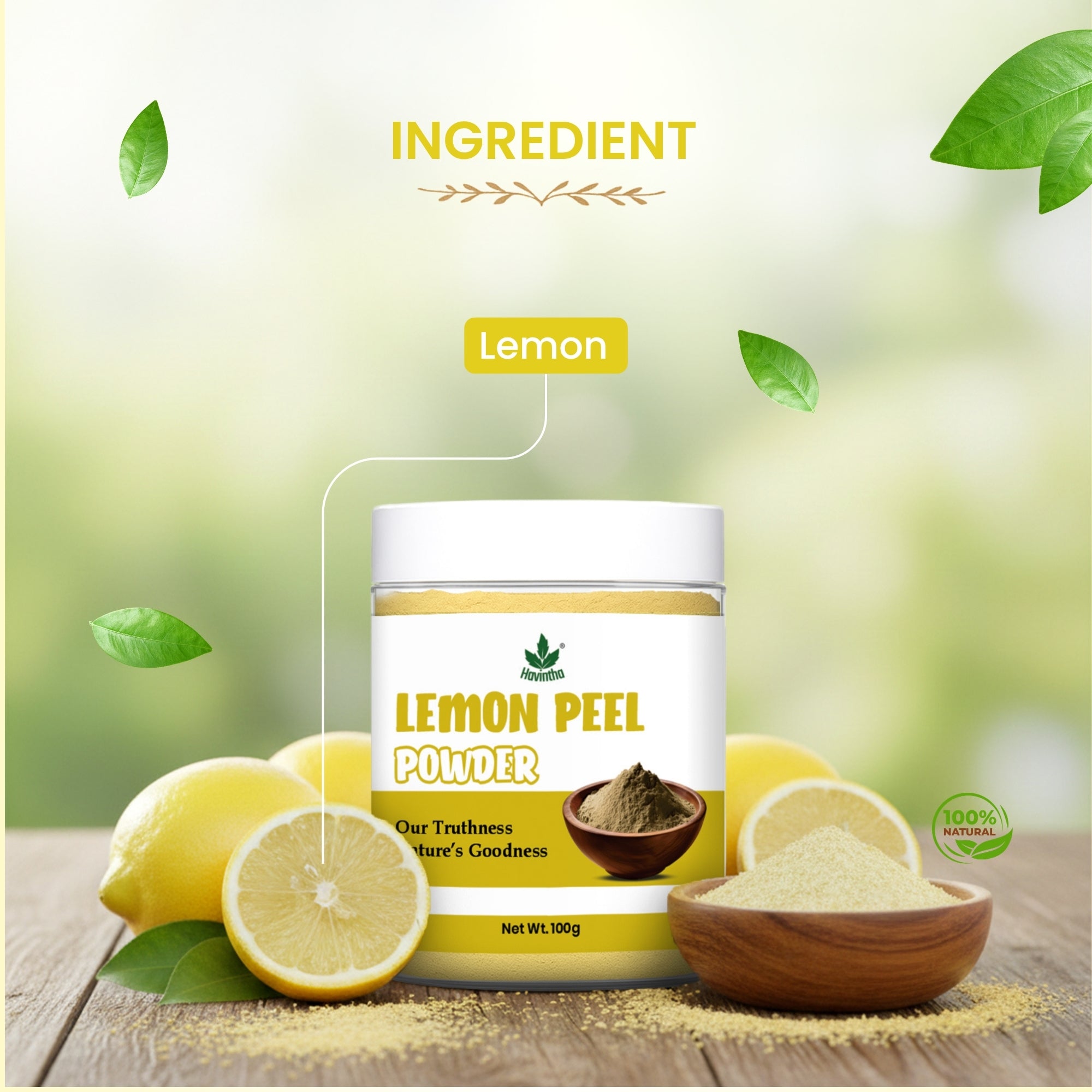 Havintha Natural Lemon Peel Powder | For Brighter Skin | Remove Dark Circles | 100 Grams (JAR)