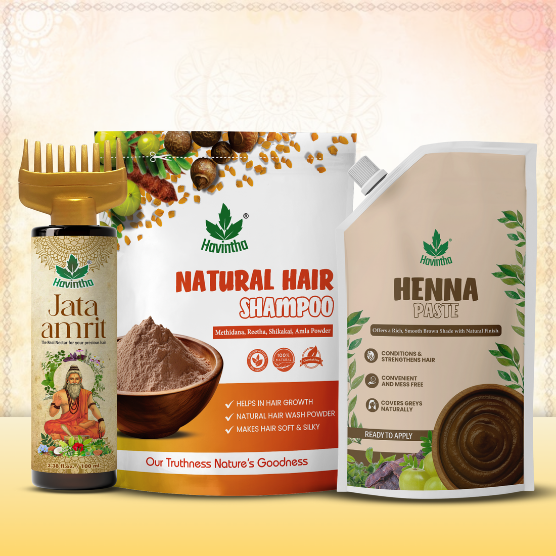 Natural Hair Shampoo (227g) | Jata Amrit Hair Oil (100ml) &amp; Havintha Natural Henna Paste (200g)