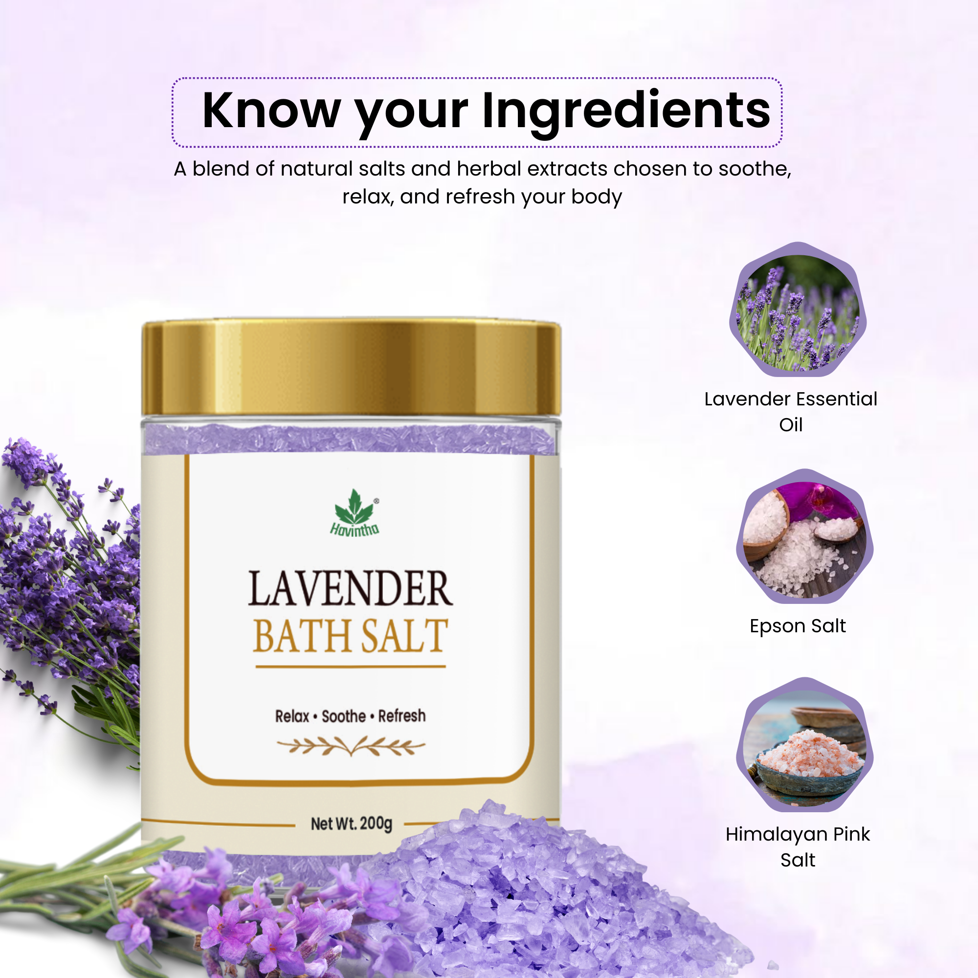 Havintha Lavender Bath Salt for Relaxation &amp; Stress Relief | Aromatherapy Spa, Muscle Pain Relief, Body Detox, Soothing, Foot | Natural Epsom Bath Salts with Lavender Essential Oil &amp; Pink Salt - 200gm