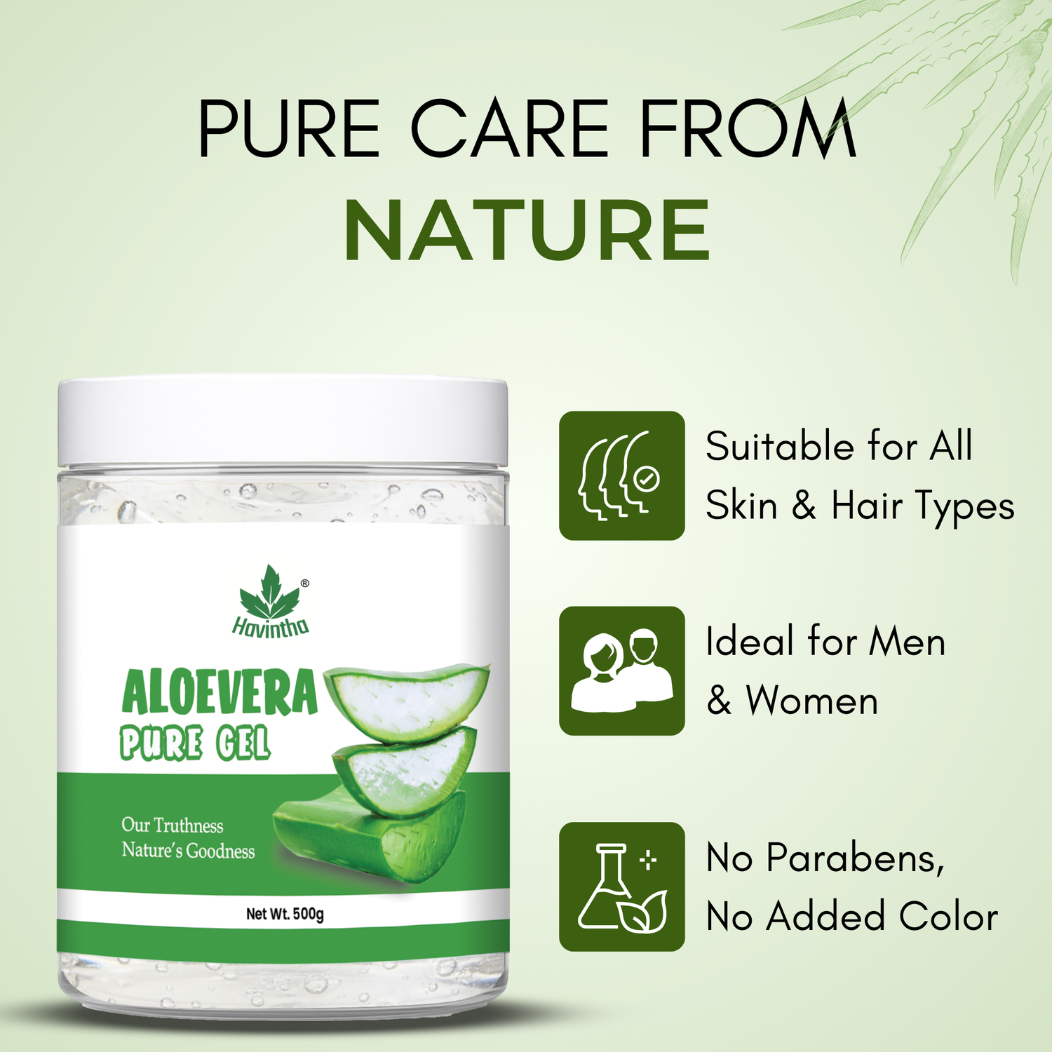 Havintha Natural Aloe Vera Gel (500gm) for Skin Moisturizing, Hair Conditioning &amp; Sunburn | Gel for Face, Hair, Acne, Pimples, Dry Skin &amp; Scalp Care | Soothing &amp; Hydrating Aloe Gel for Glowing Skin