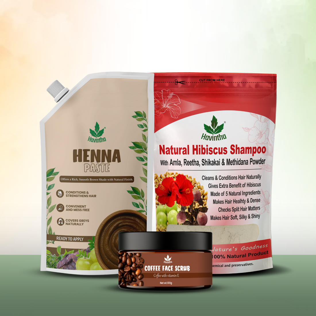 Natural Hibiscus Powder Shampoo (227g) | Havintha Natural Henna Paste (200g) &amp; Coffee Face Scrub (100g)