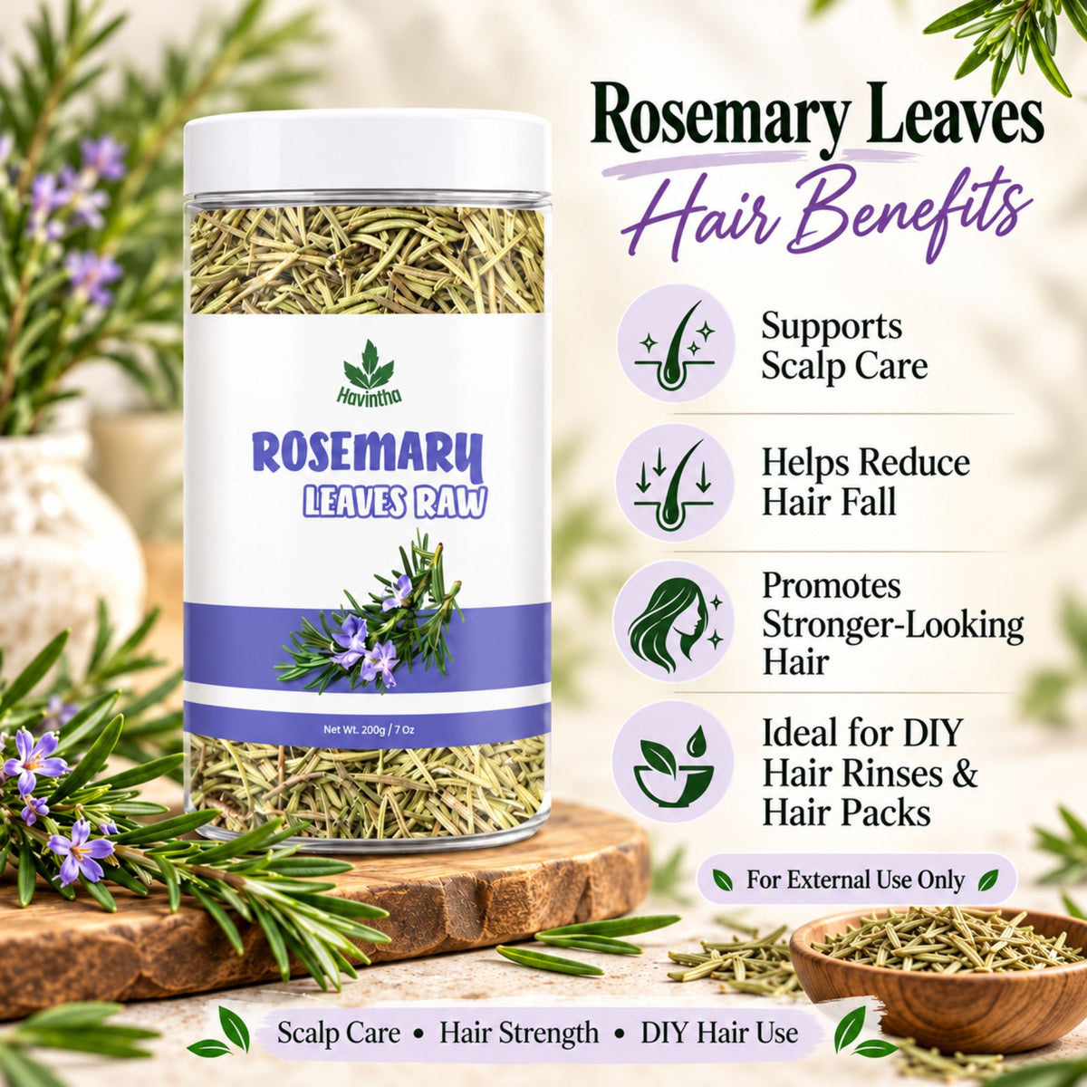 Havintha Rosemary Leaves 200g | Natural Dried Rosemary Leaves for Hair Care | Premium Quality