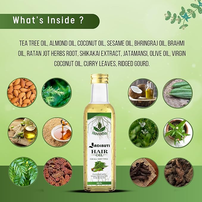 Havintha Natural Jadibuti Hair Oil For Hair Growth And Hair Fall Control With Tea Tree, Olive, Curry Leaves, Ridged Gourd, Almond, Jatamansi, Bhringraj, And Brahmi Oil - 100 ML