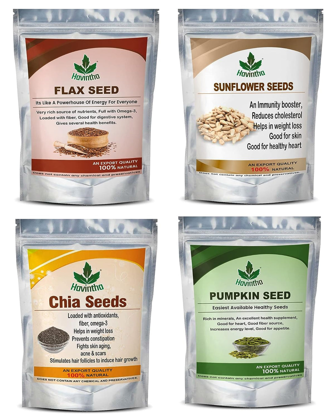 Havintha Natural Sunflower, Pumpkin, Chia, Flax Seeds (Combo Pack) - Each 100 Gm (Total 400gm)