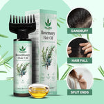 Rosemary hair oil with packaging and application benefits on a light green background