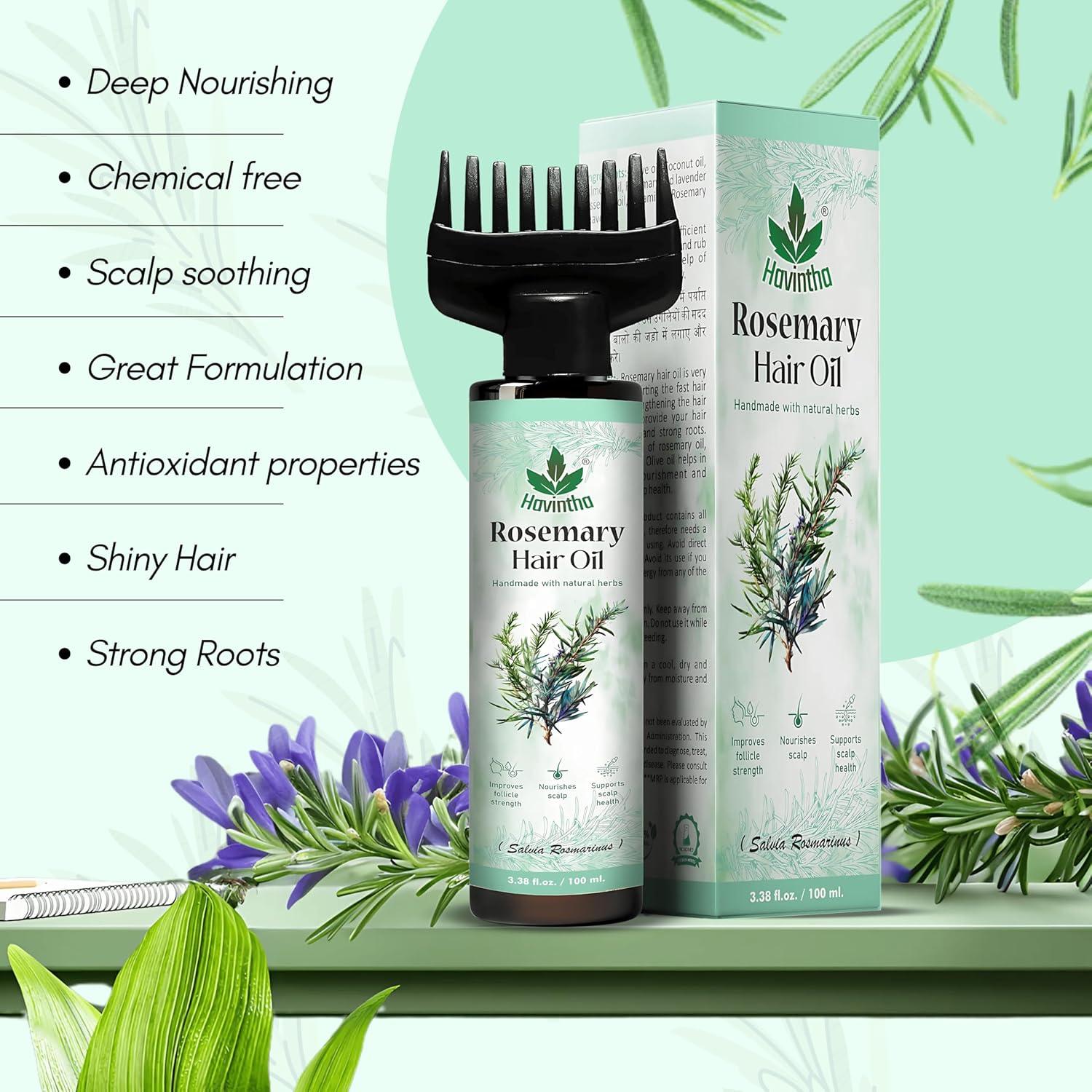 Havintha Organic Rosemary Hair Oil | For Hair Growth &amp; Reduced Hair Fall | Natural Scalp Care for Men &amp; Women | Nourish &amp; Strengthen Your Hair Naturally