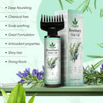 Rosemary hair oil bottle and packaging with green leaves and lavender flowers on a light green background