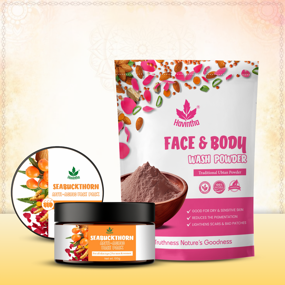 Havintha Natural Face and Body Ubtan Powder (227g) & Seabuckthorn Anti-Aging Face Pack (100g)