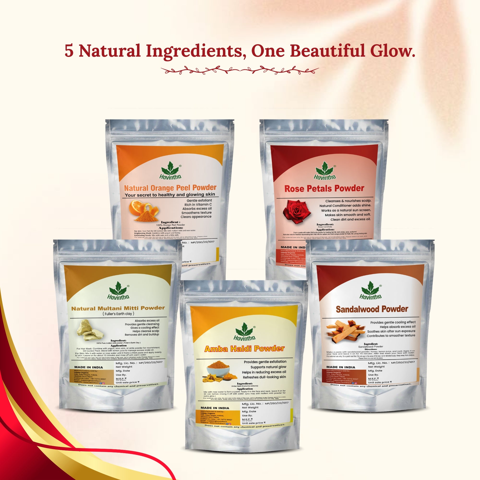 Havintha Natural Face Pack Combo 250g | Multani Mitti, Sandalwood, Orange Peel, Rose Petal &amp; Amba Haldi | Glowing Skin Care