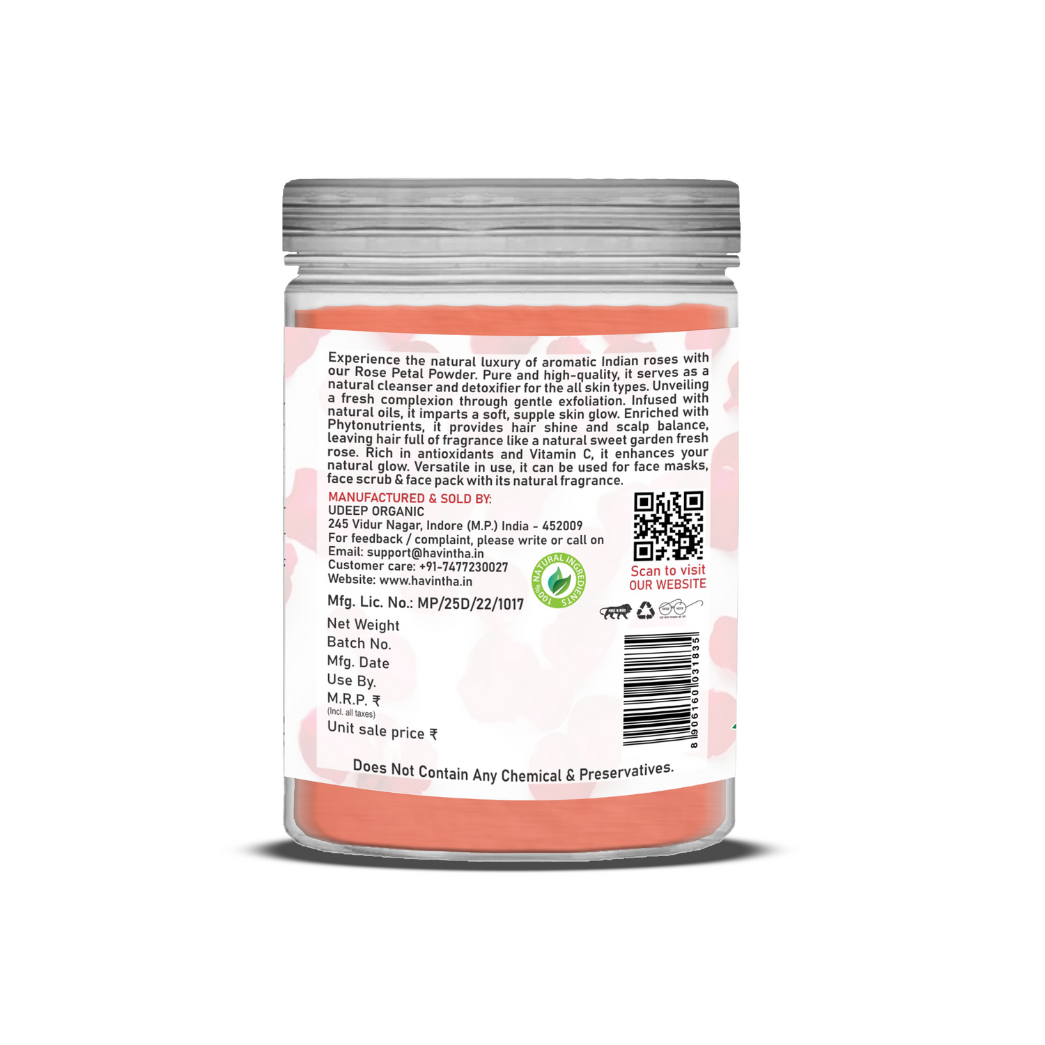 Havintha Natural Rose Petals Powder | For Skin Brightening | 250 Grams (JAR)