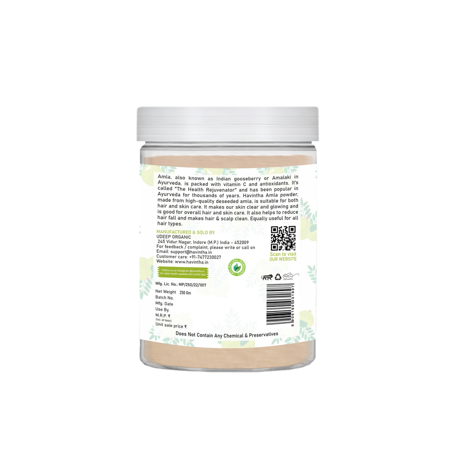 Havintha Natural Amla Powder | 250 Grams (JAR)