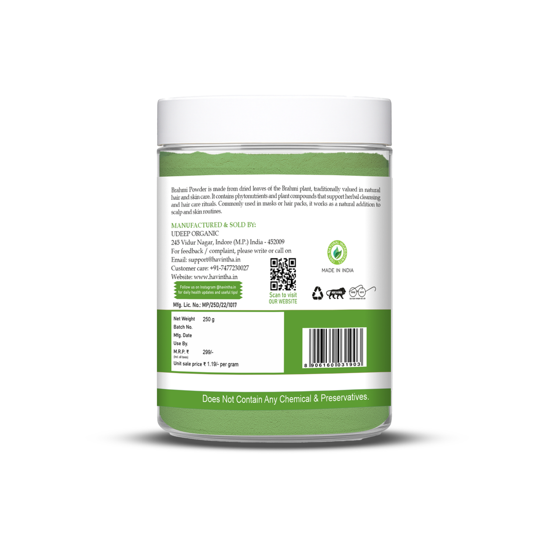 Havintha Brahmi Powder | For Good Health &amp; Haircare | 250 Grams (JAR)