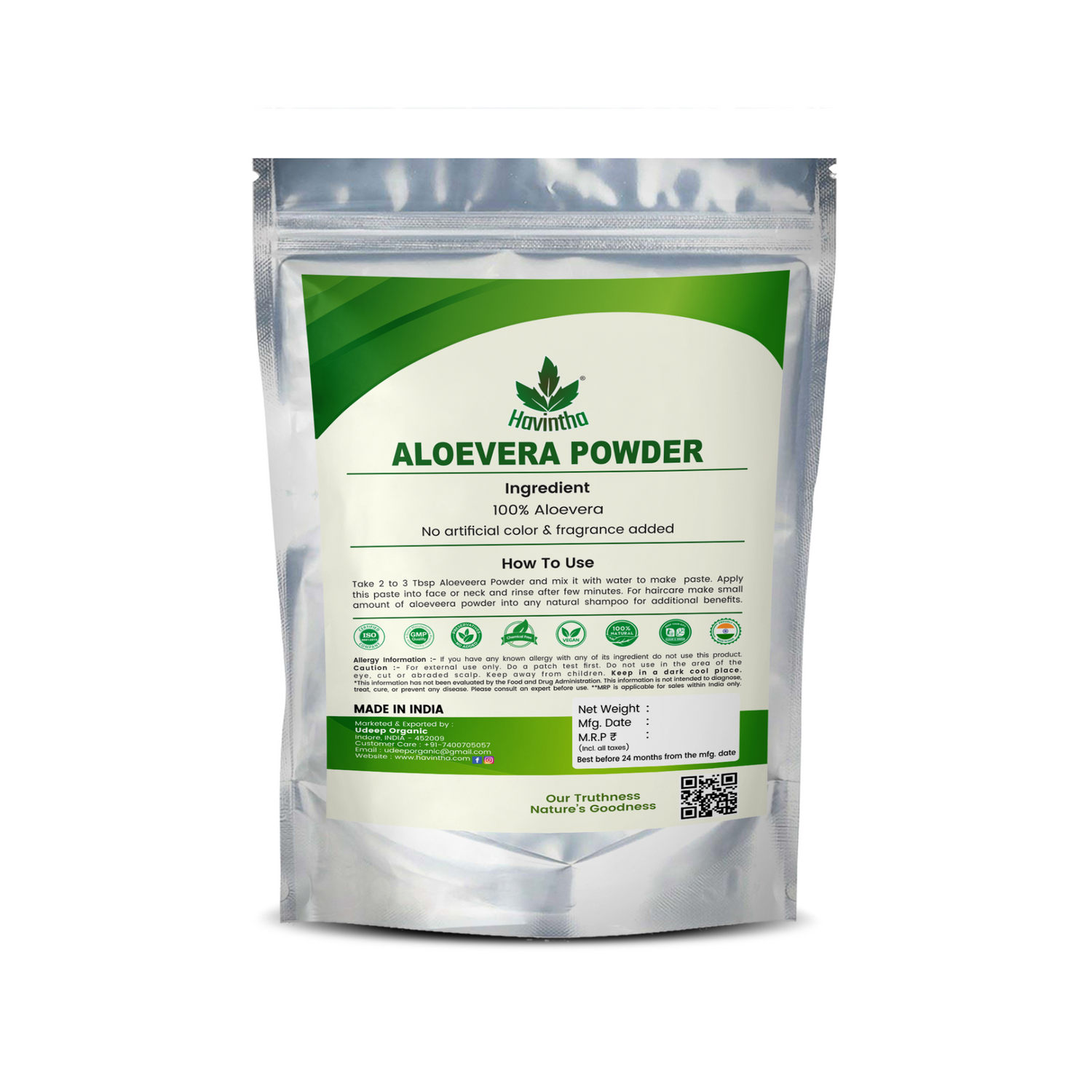 Havintha Natural Aloevera Powder for Hair Growth, Face Wash - 227 grams