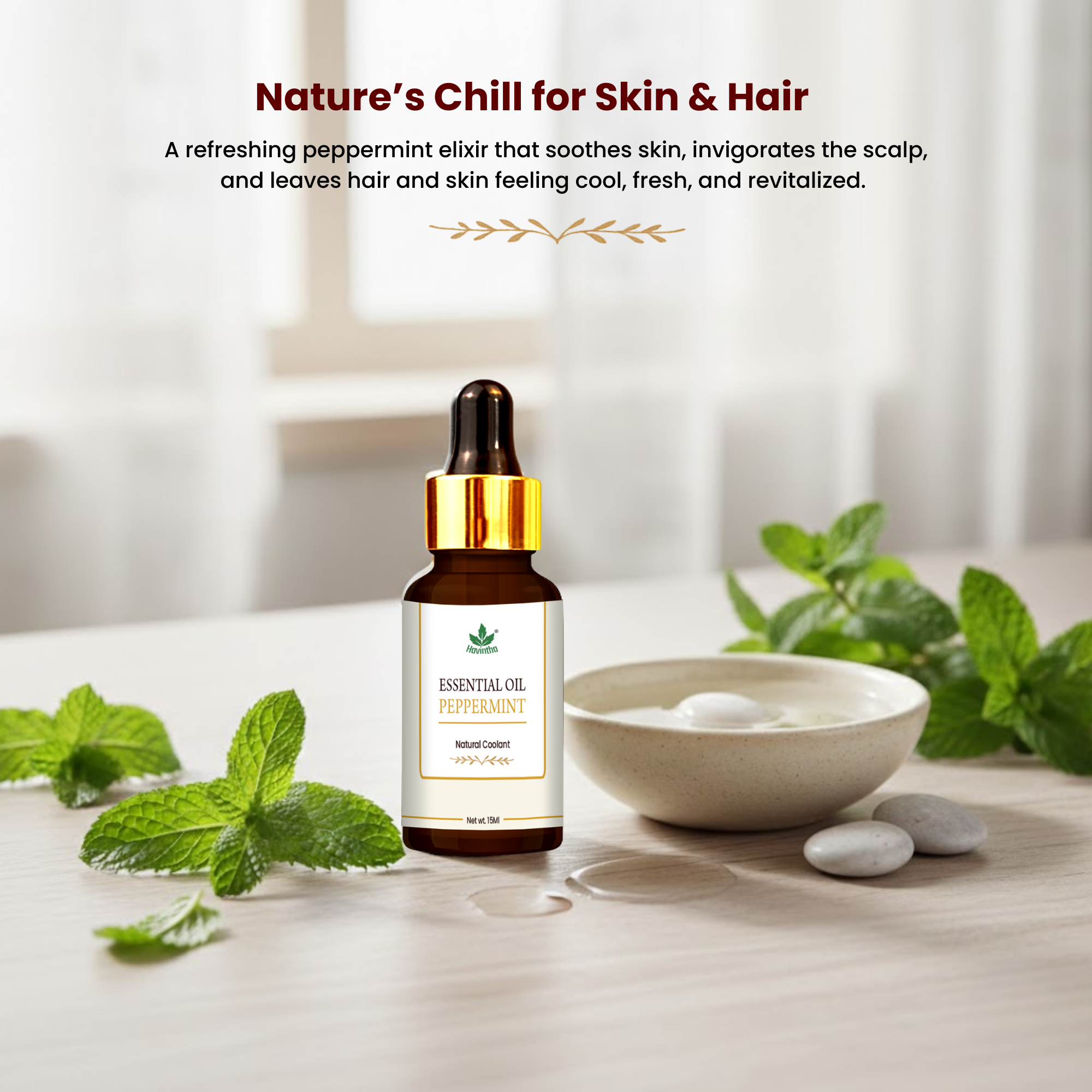 Havintha Peppermint Essential Oil (Mentha piperita) Pure Aroma for Skin, Hair and Aromatherapy For Cold and Congestion - 15ml.