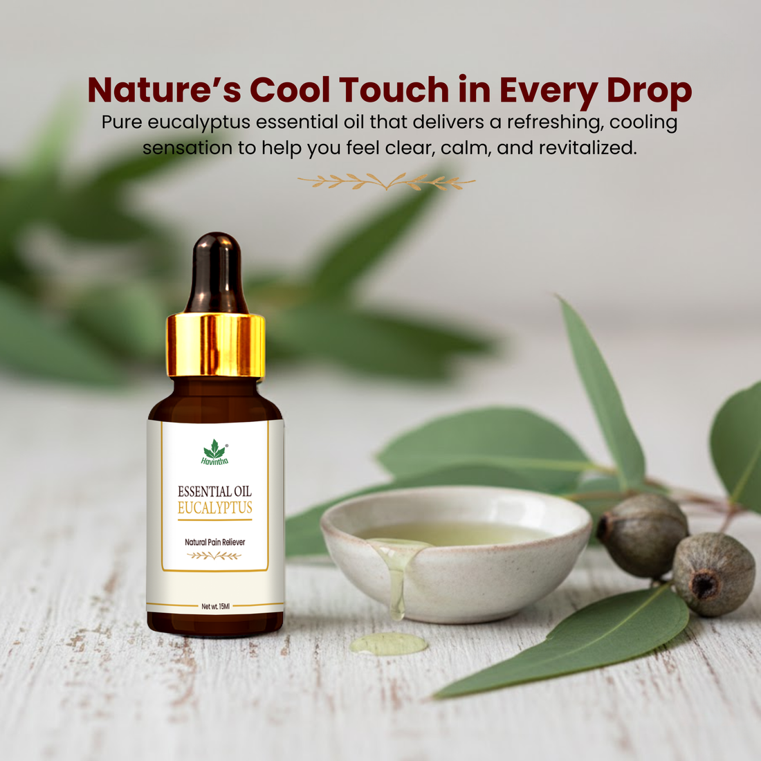 Havintha Pure and Organic Eucalyptus Essential Oil for Skin, Hair and Aromatherapy - 15 ml.
