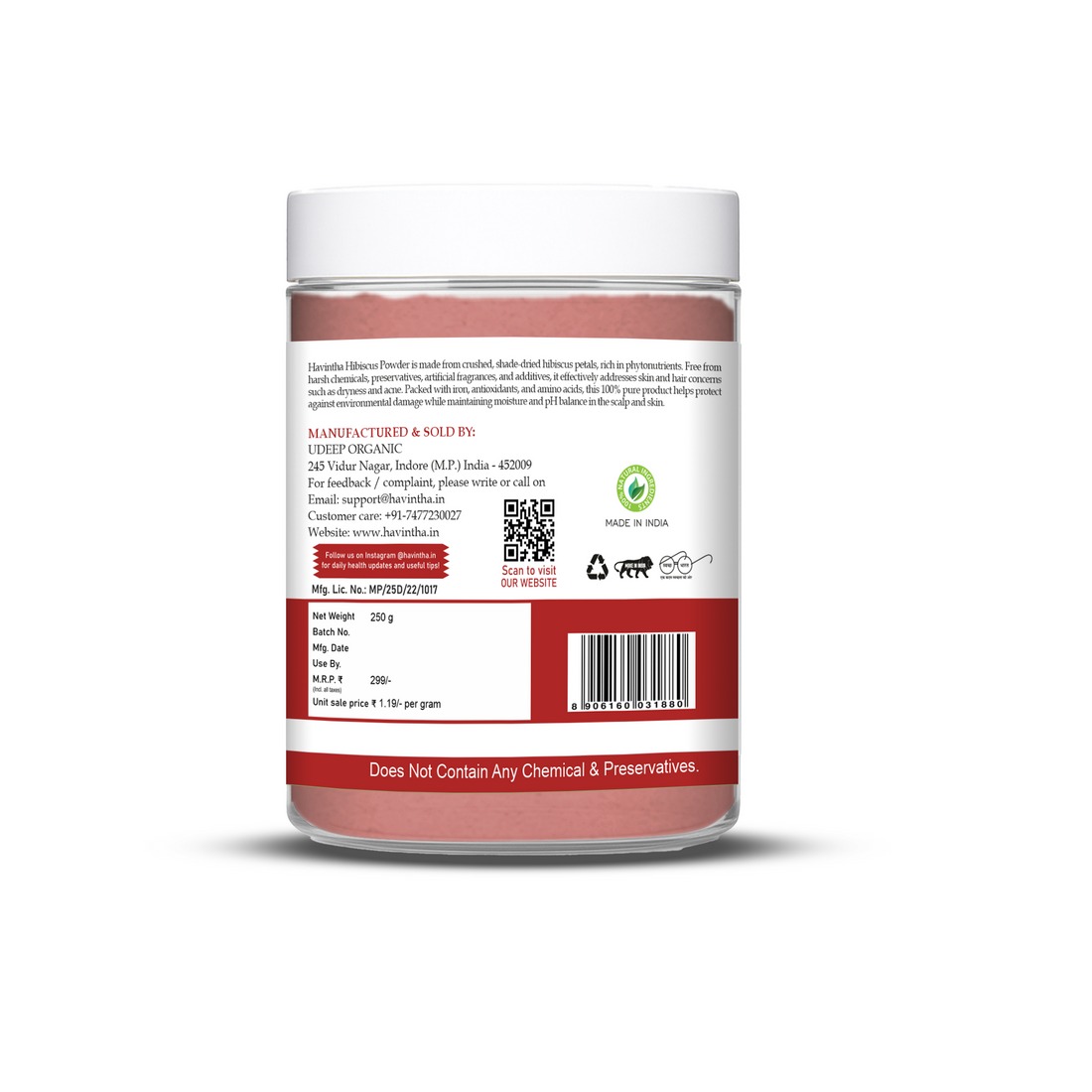 Havintha Natural Hibiscus Powder For Shiny Hair | For Strong Hair | Men &amp; Women - 250 Grams (JAR)