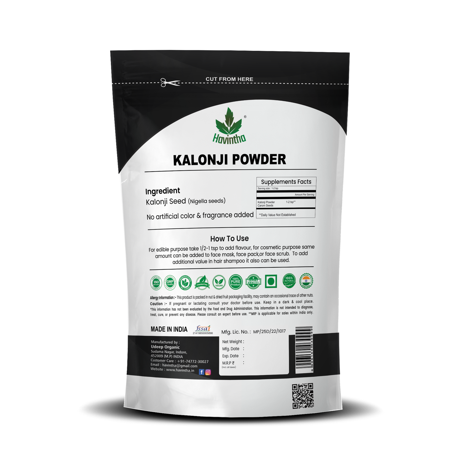 Havintha kalonji powder for managing sugar levels hair growth split ends skin health - 227 grams