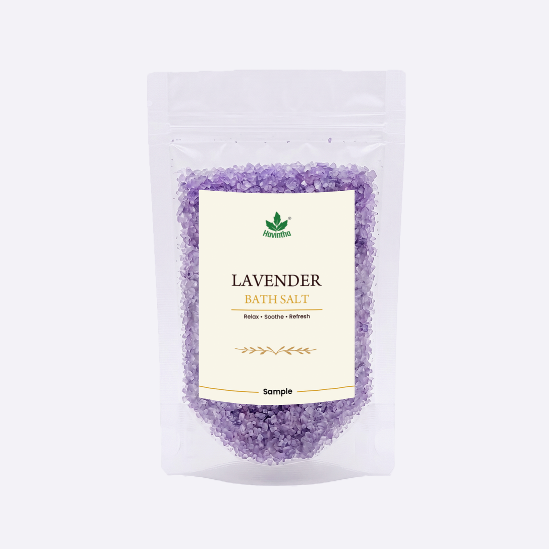 Havintha Lavender Bath Salts 10g with Epsom Salt for relaxation, stress relief, muscle recovery, and a refreshing bath.