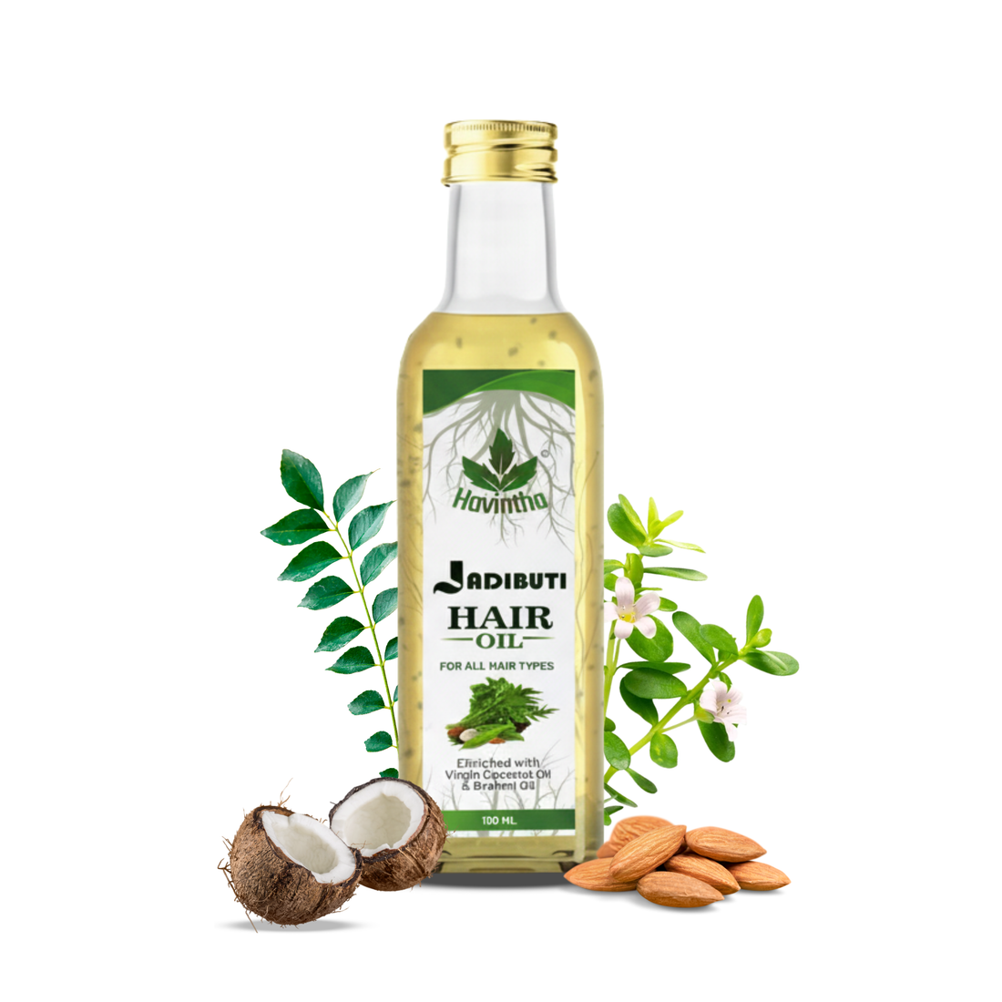 Havintha Natural Jadibuti Hair Oil For Hair Growth And Hair Fall Control With Tea Tree, Olive, Curry Leaves, Ridged Gourd, Almond, Jatamansi, Bhringraj, And Brahmi Oil - 100 ML