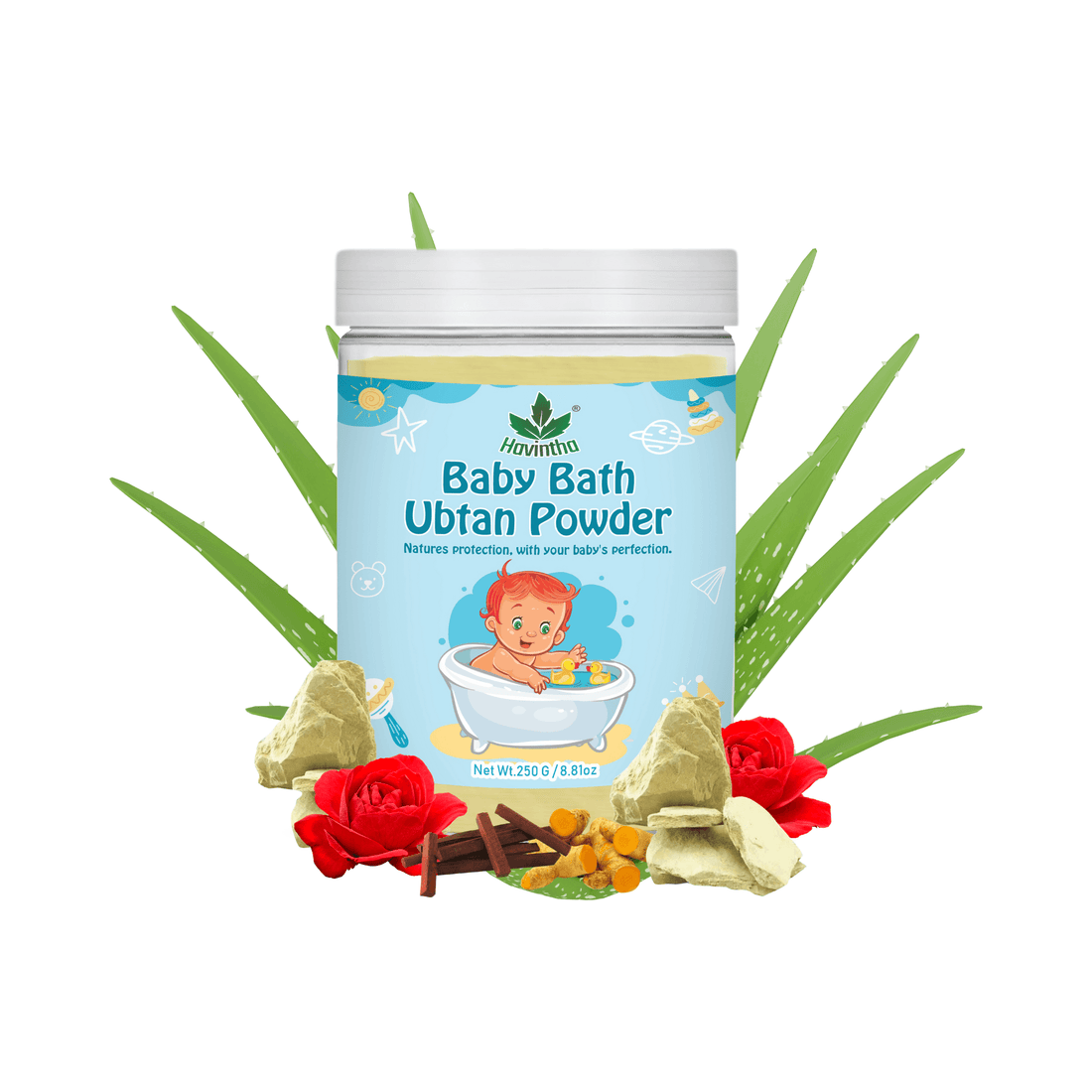 Havintha Natural Baby Bath Powder | Baby Bath Ubtan Powder | For Baby Glowing Skin | 250 Grams (JAR)