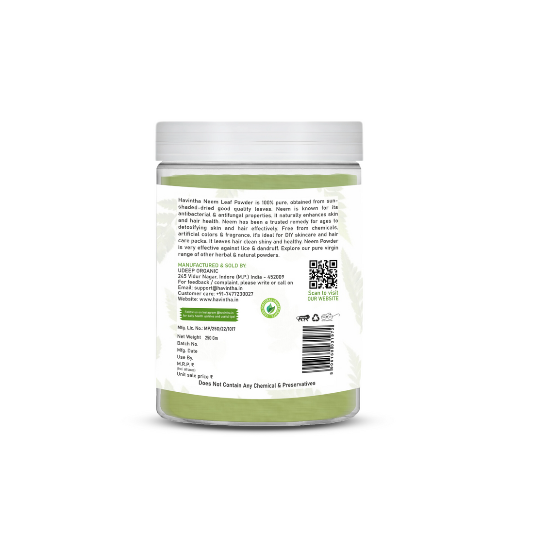 Havintha Natural Neem Powder Azadirachta Indica For Skin, Hair and Health - 250 g