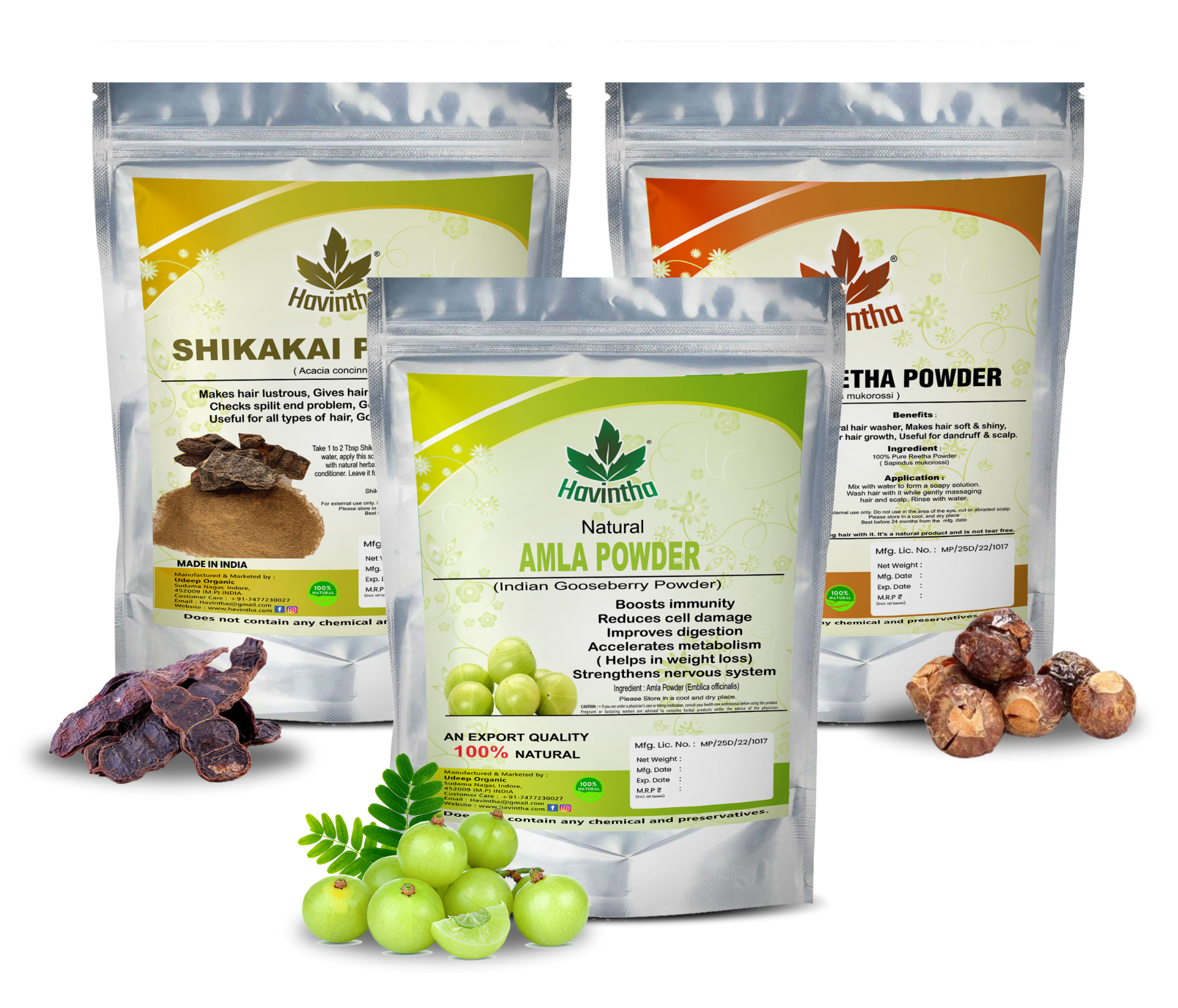 Havintha Amla, Reetha, Shikakai Powder Combo Pack of 3 for Healthy Hair ( Each 100 gm ) .