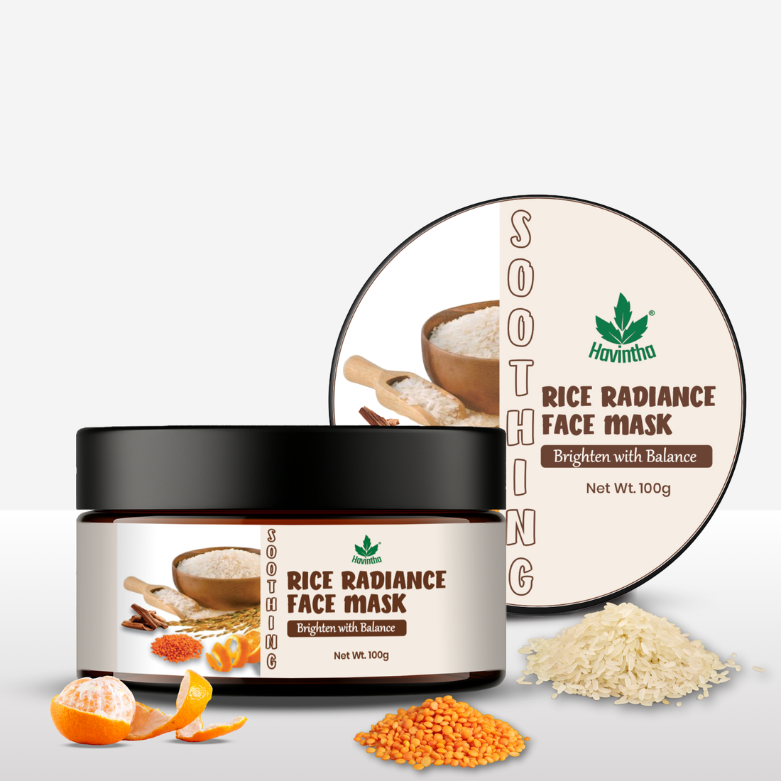 Havintha Natural Rice Radiance Face Mask Powder for Glowing Skin, Tan Removal &amp; Skin Brightening | Herbal Rice Flour Face Pack for Oil Control, Acne Reduce | Ubtan Powder for Face Tone, Smooth - 100g