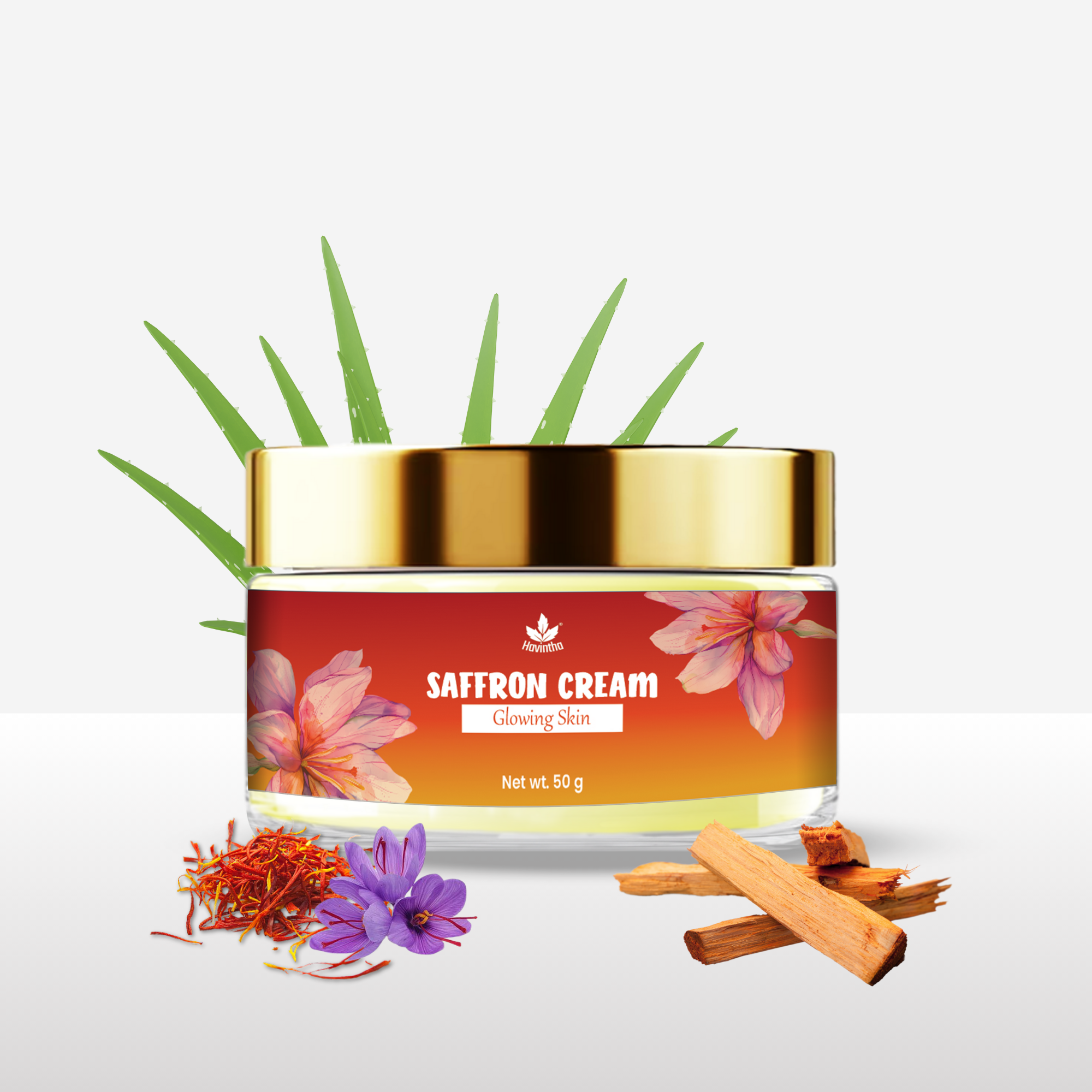 Havintha Natural Saffron Cream for Face Glow, Radiance and Brightening | Herbal Face Cream for Skin Whitening, Anti-Aging, Dark Spots Removal, Pigmentation, Moisturizing &amp; Even Skin Tone - 50g