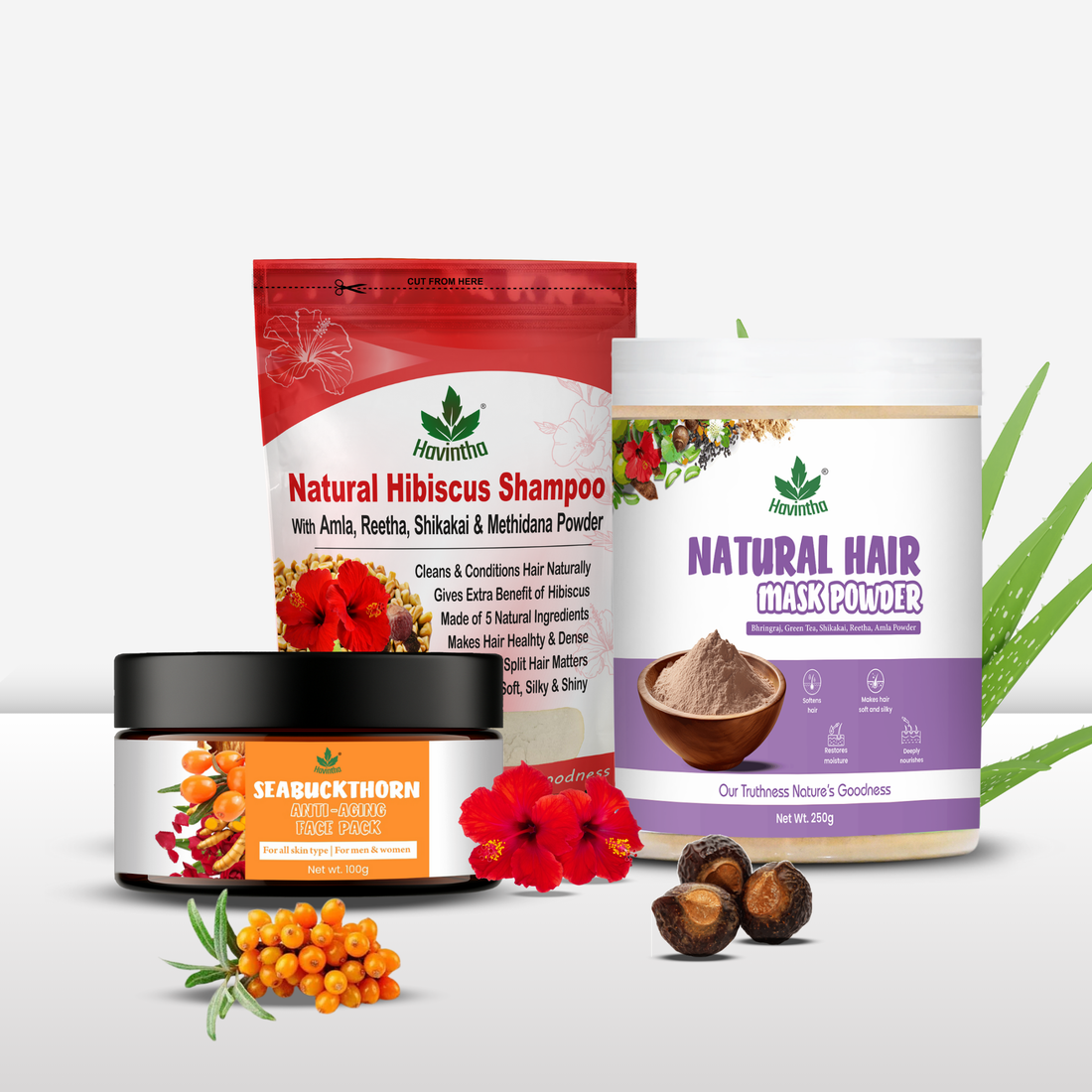 Seabuckthorn Anti-Aging Face Pack (100g) | Natural Hibiscus Powder Shampoo (227g) &amp; Havintha Natural Hair Mask (250g)