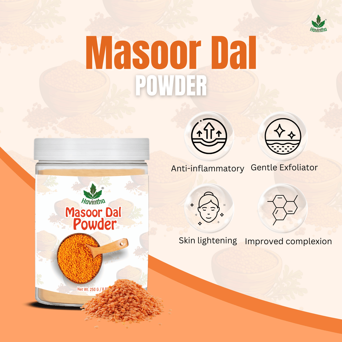 Havintha Masoor Dal Powder | For Glowing Skin | Good For All Skin Type | 250 Grams (JAR)