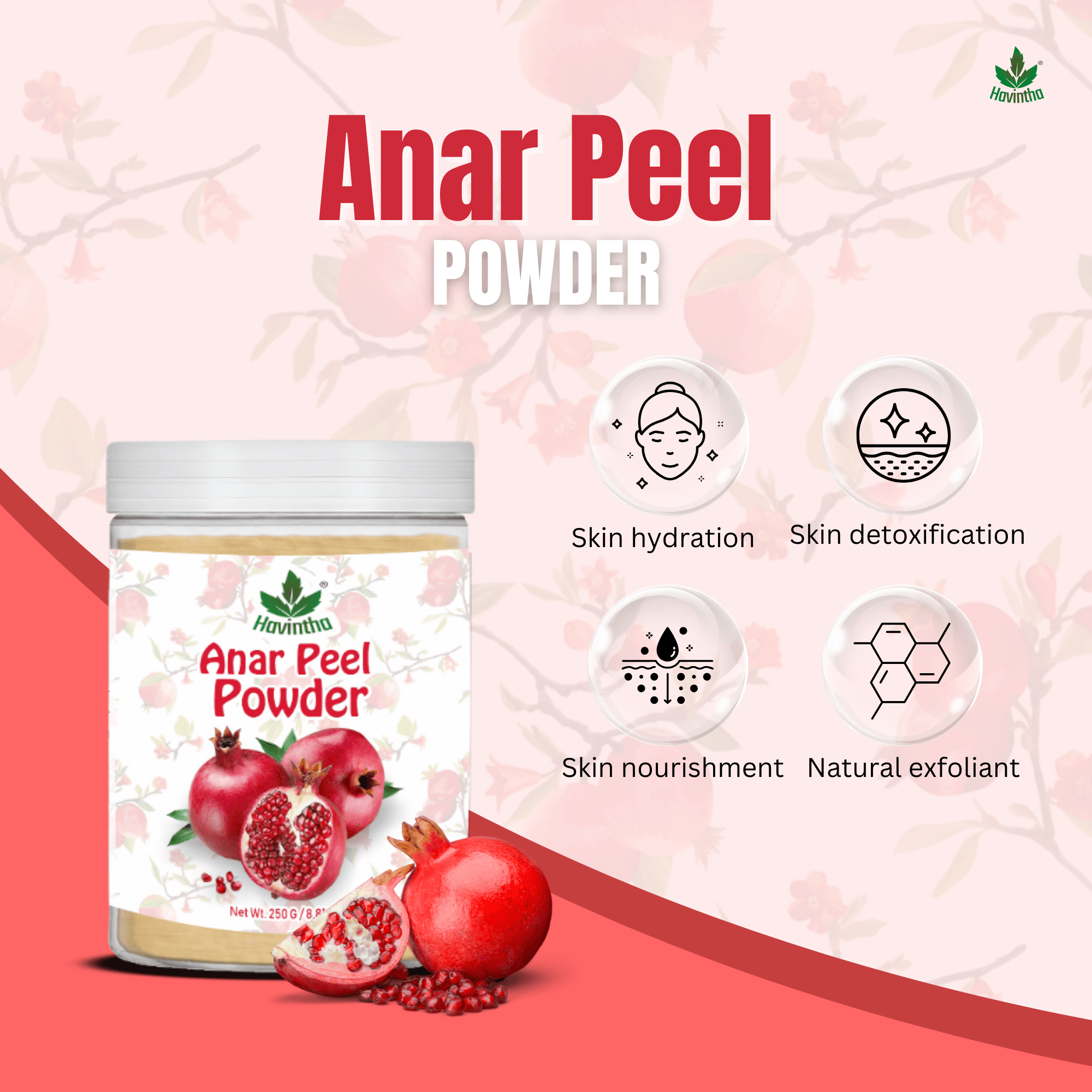 Havintha Natural Anar Peel Powder | For Glowing Skin | Herbal Skin Care | 250 Grams (JAR)