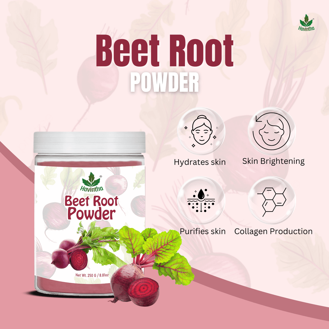 Havintha Beet Root Powder for Face | For Glowing Skin | Natural Skin Care | 250 Grams (JAR)