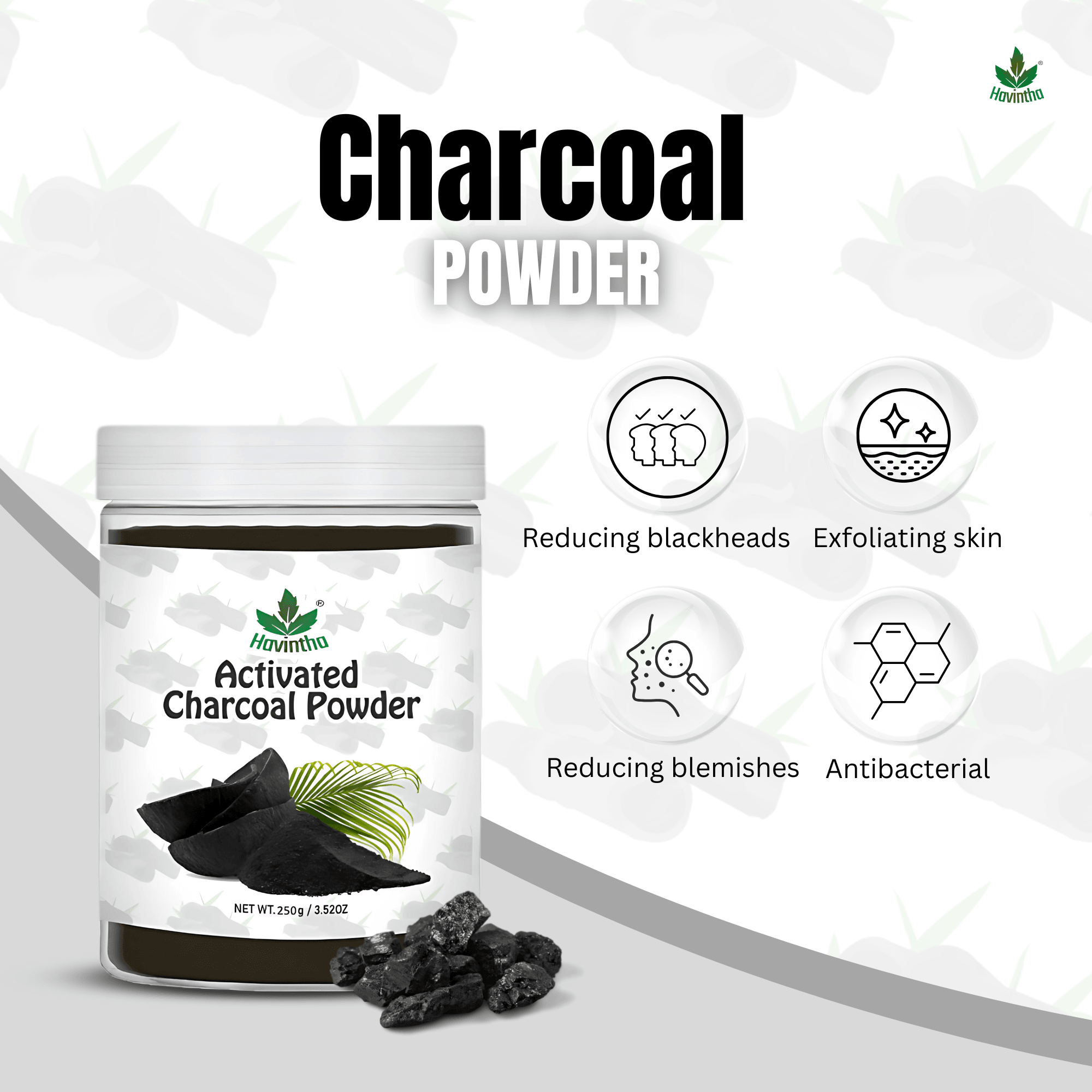 Havintha Activated Charcoal Powder | 100% Natural for Face &amp; Body | 250 Grams (JAR)