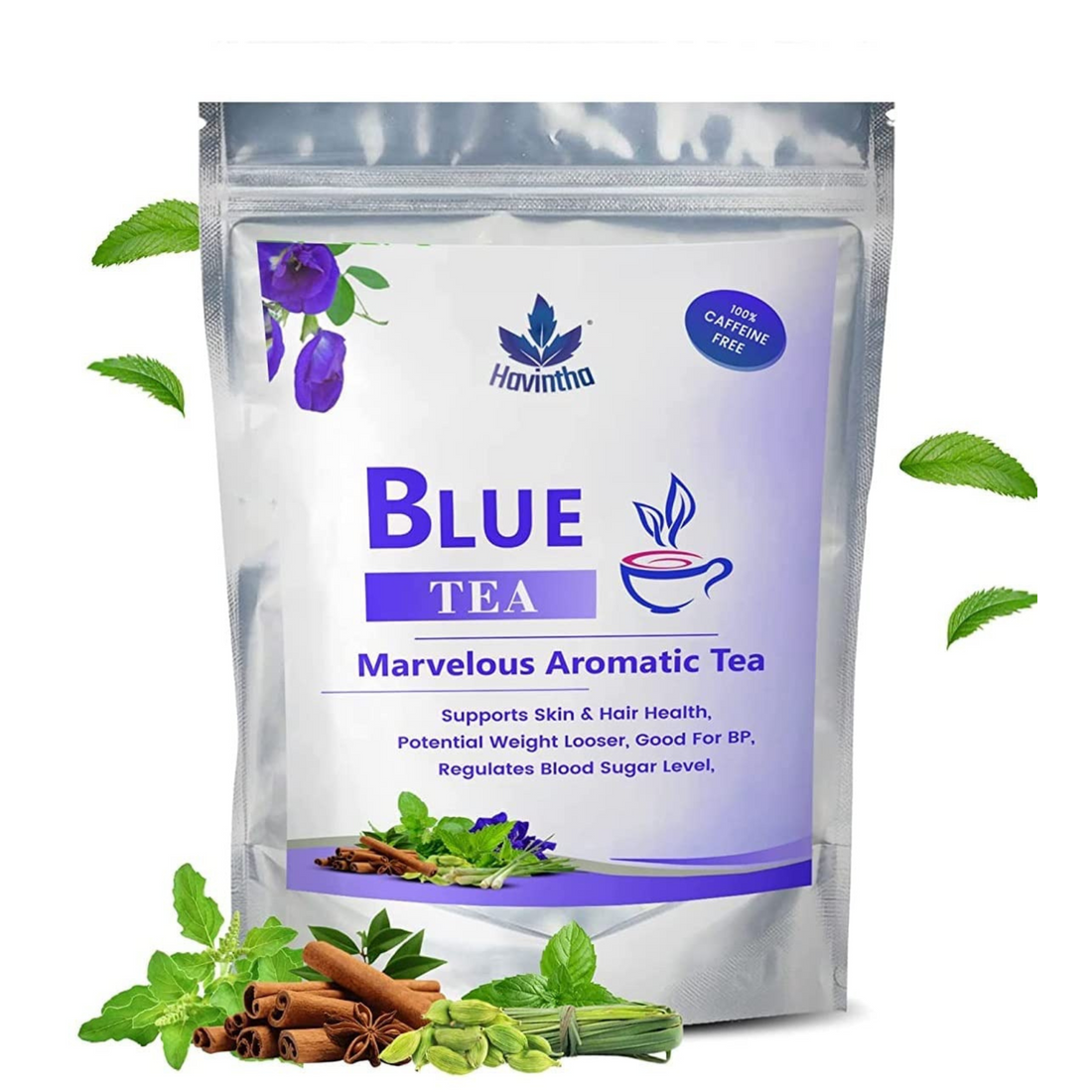 Havintha Natural Blue Tea - Butterfly Pea, Lemongrass, Tulsi, Cardamon, Cinnamon, and Mint - Vegan - Caffeine Free | Herbal Tea - 25 gm (50 Cups)