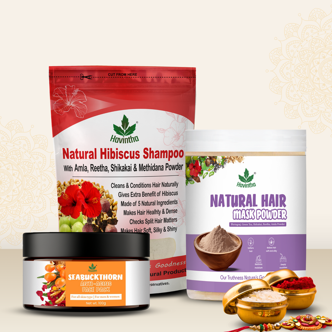 Seabuckthorn Anti-Aging Face Pack (100g) | Natural Hibiscus Powder Shampoo (227g) &amp; Havintha Natural Hair Mask (250g)