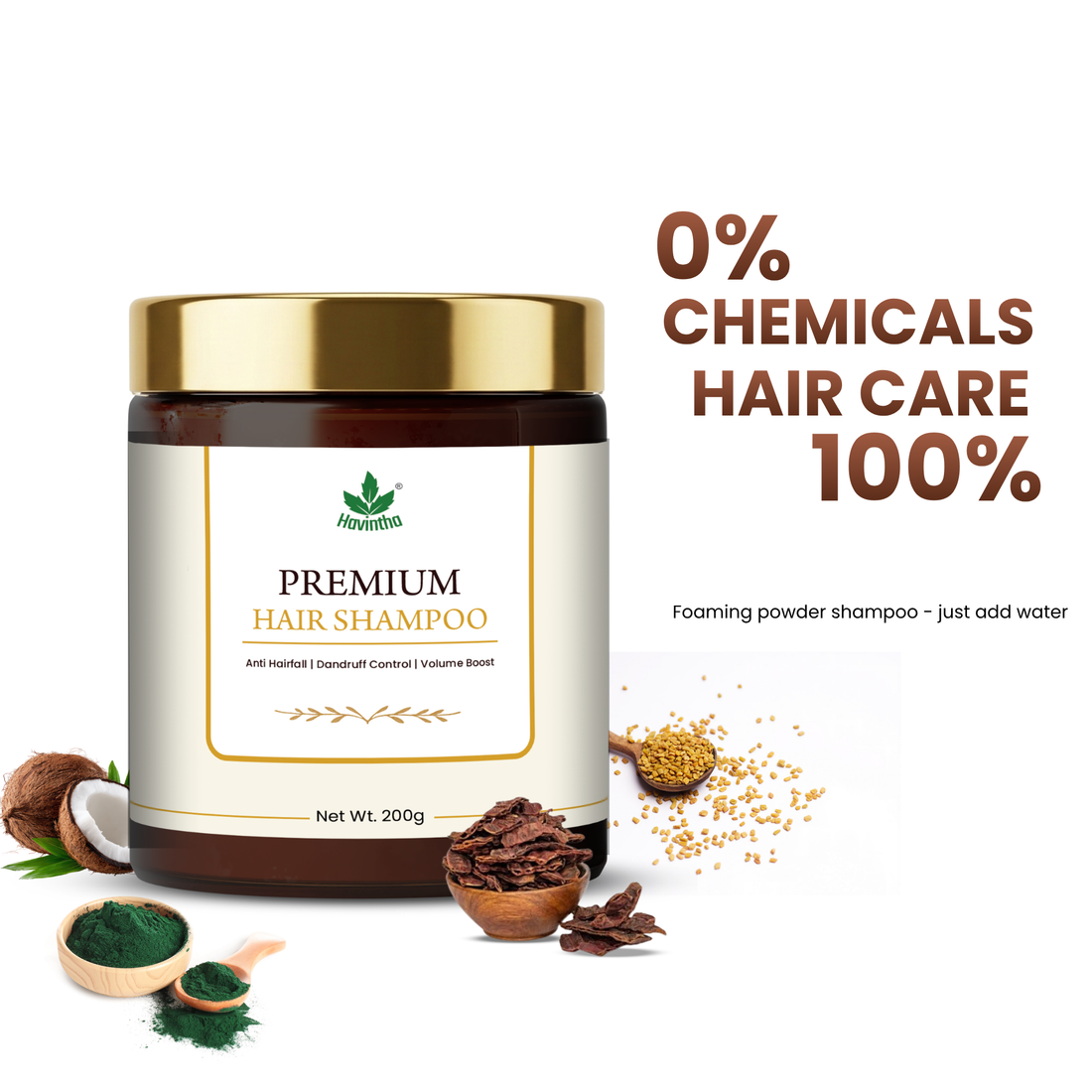 Havintha Premium Herbal Hair Shampoo 200g | Anti Hair Fall &amp; Anti Dandruff | Sulfate-Free Foaming Shampoo with Shikakai, Aloe Vera, Methi &amp; Spirulina for Strong, Thick &amp; Healthy Hair