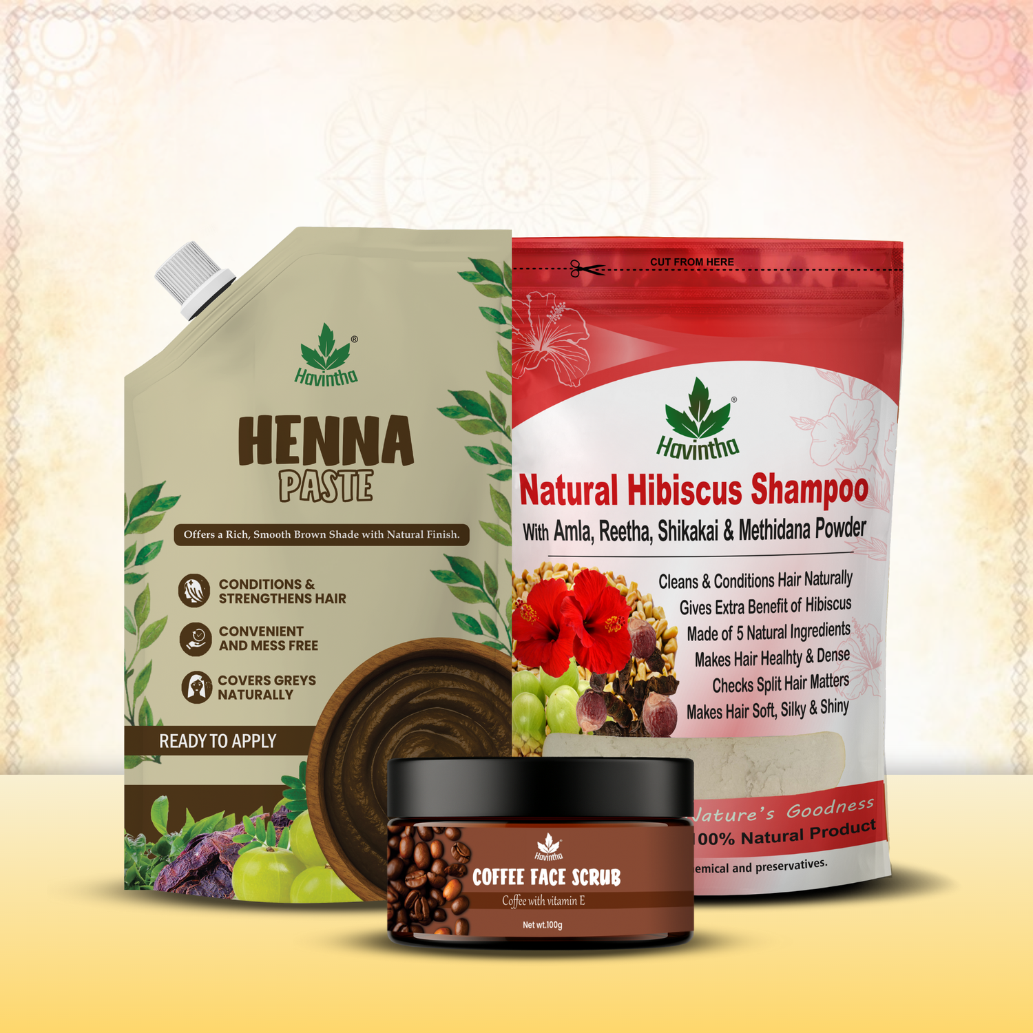 Natural Hibiscus Powder Shampoo (227g) | Havintha Natural Henna Paste (200g) &amp; Coffee Face Scrub (100g)