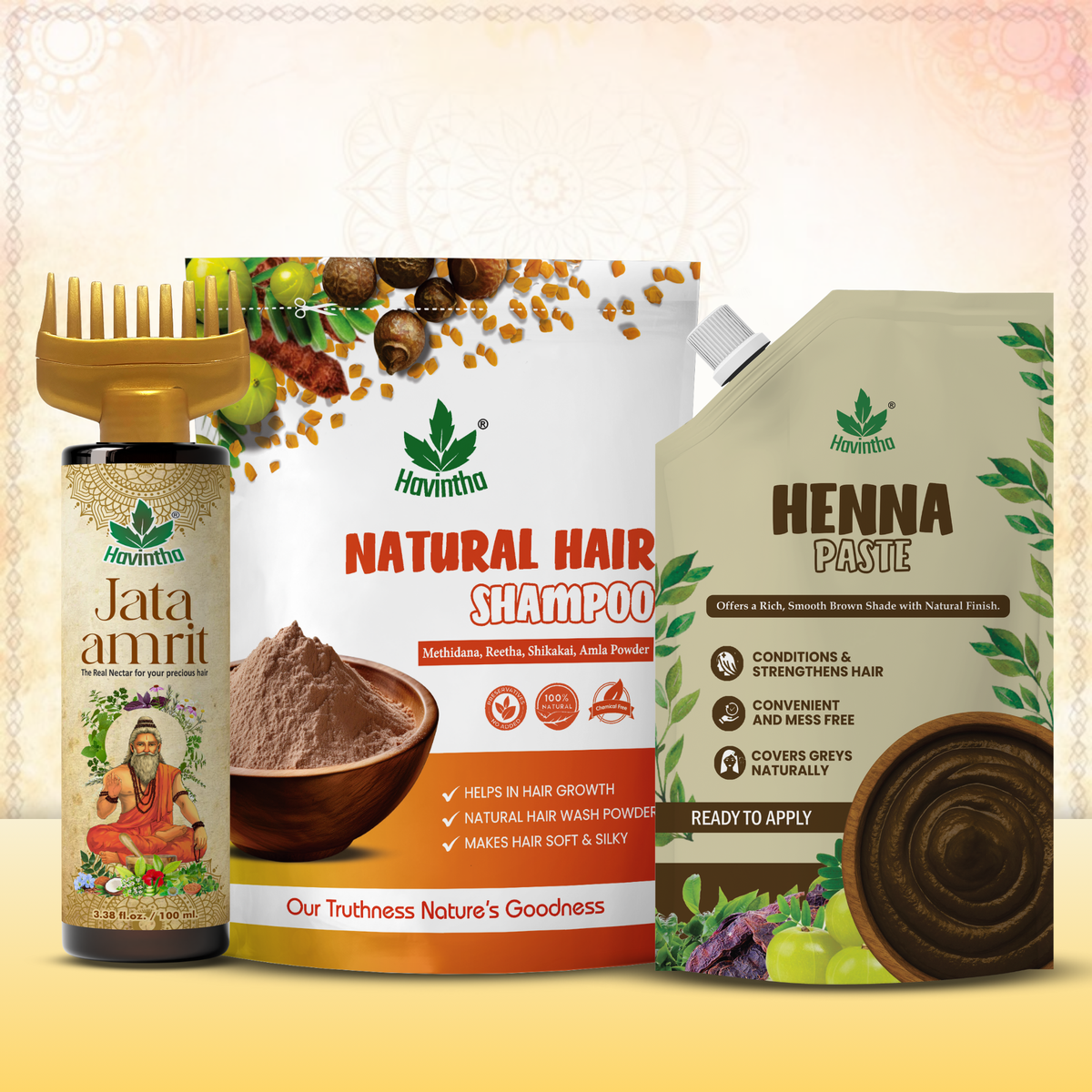 Natural Hair Shampoo (227g) | Jata Amrit Hair Oil (100ml) & Havintha Natural Henna Paste (200g)