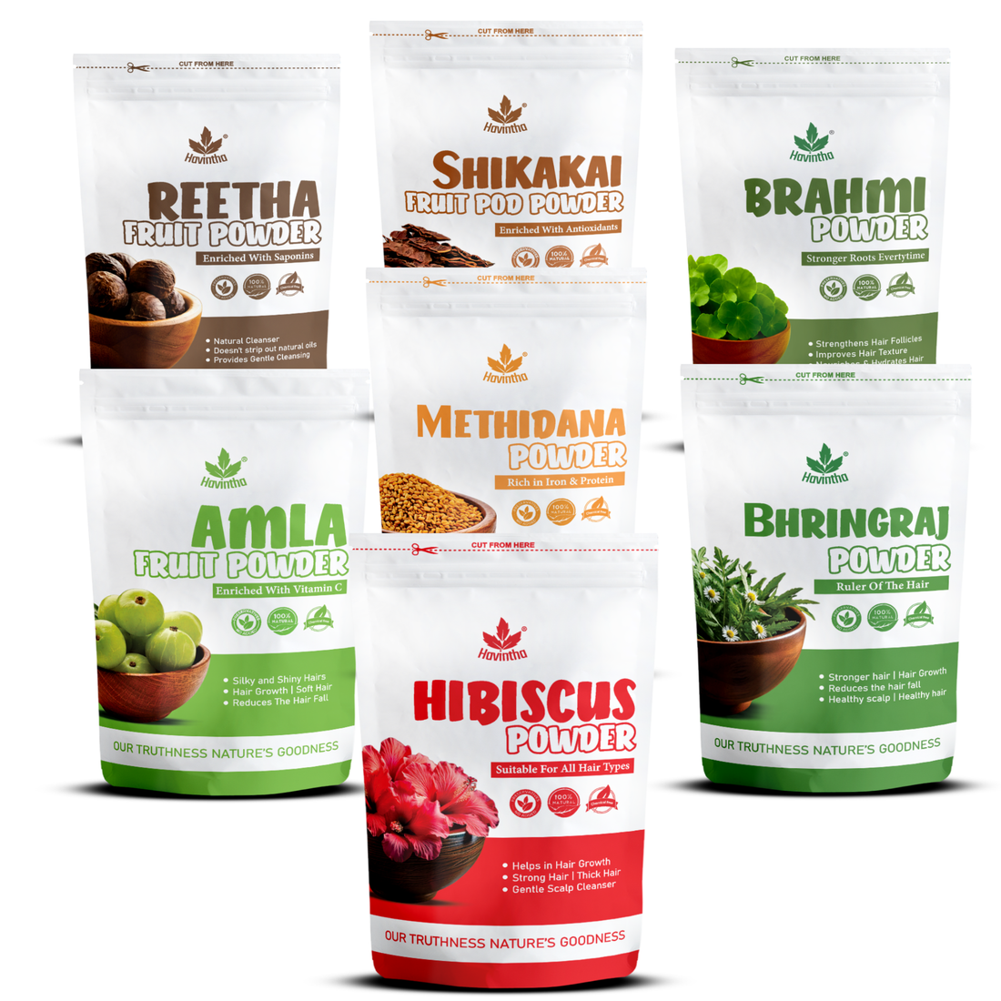 Havintha Amla Reetha Shikakai Methidana Hibiscus Bhringraj & Brahmi Powder - each 100 Grams (Combo pack of 7)