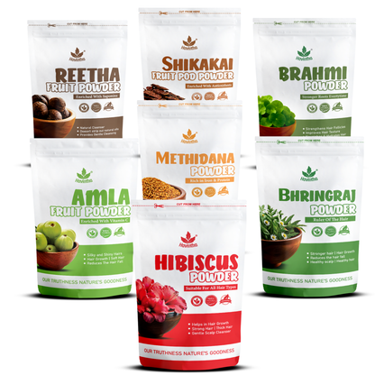 Havintha Amla Reetha Shikakai Methidana Hibiscus Bhringraj &amp; Brahmi Powder - each 100 Grams (Combo pack of 7)