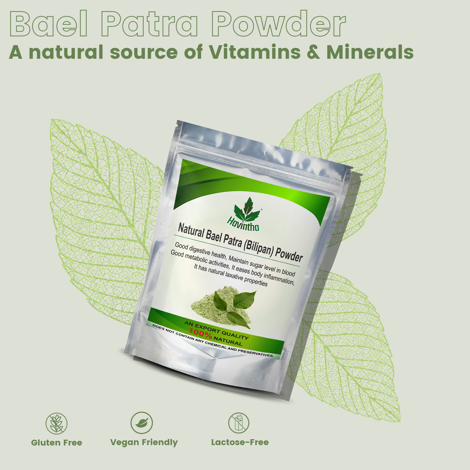 Havintha Natural Bilva Bael Patra/Leaf Powder | Aegle Marmelos is help in Maintaining the Healthy Blood Sugar Levels - 227 Grams