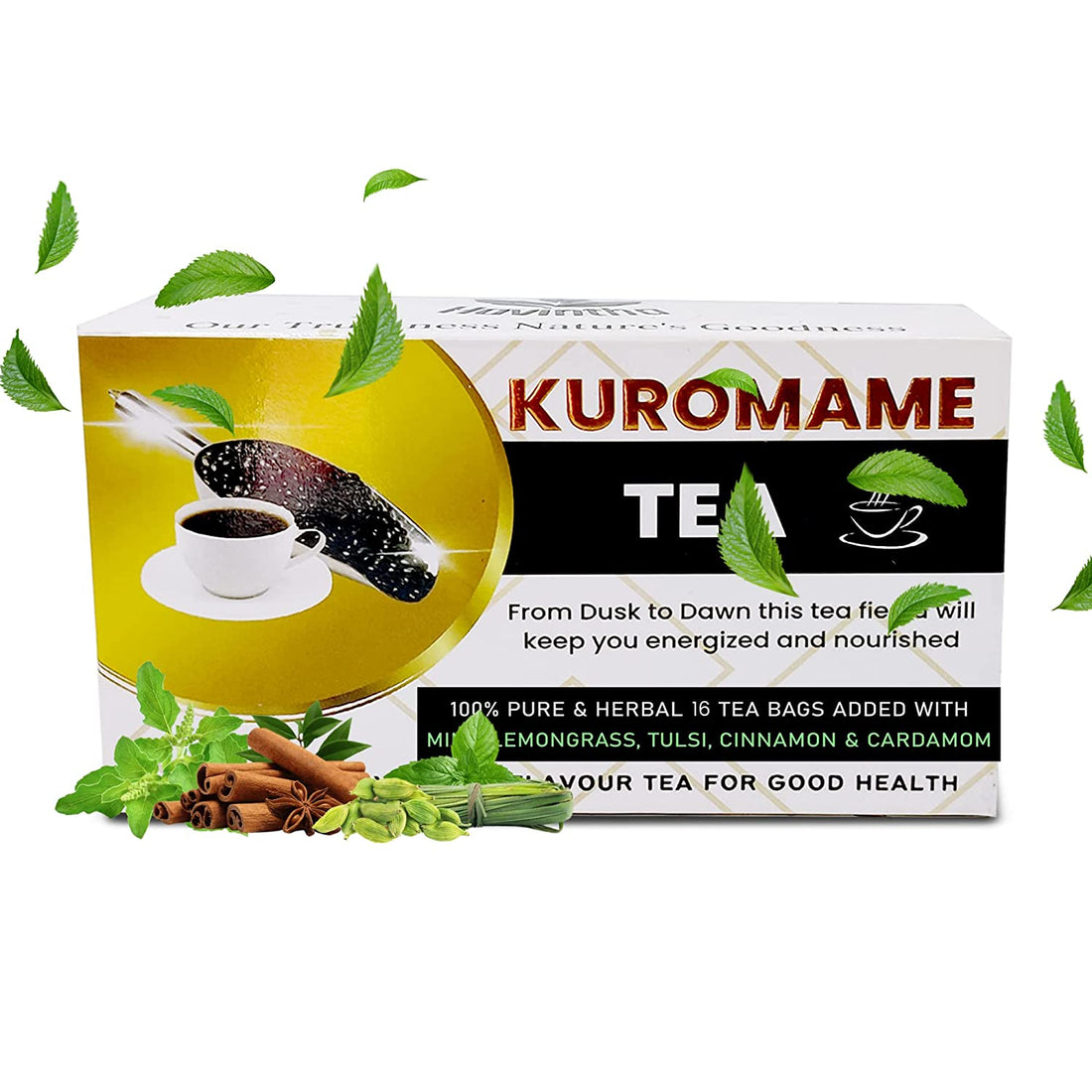 Havintha Natural Kuromame Tea added with Mint, Lemongrass, Tulsi, Cinnamon &amp; Cardamom | Herbal Tea - 16 Tea Bags | Organic Black Tea