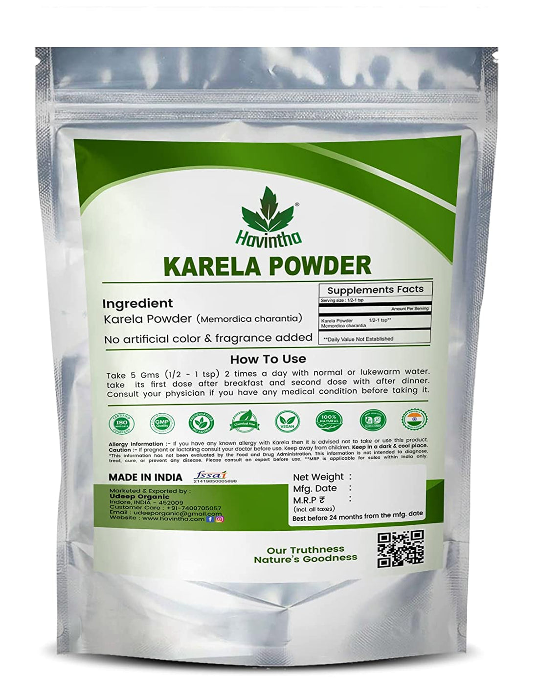 Havintha Natural Karela Powder - High in Vitamins, Minerals &amp; Antioxidants - 227gm