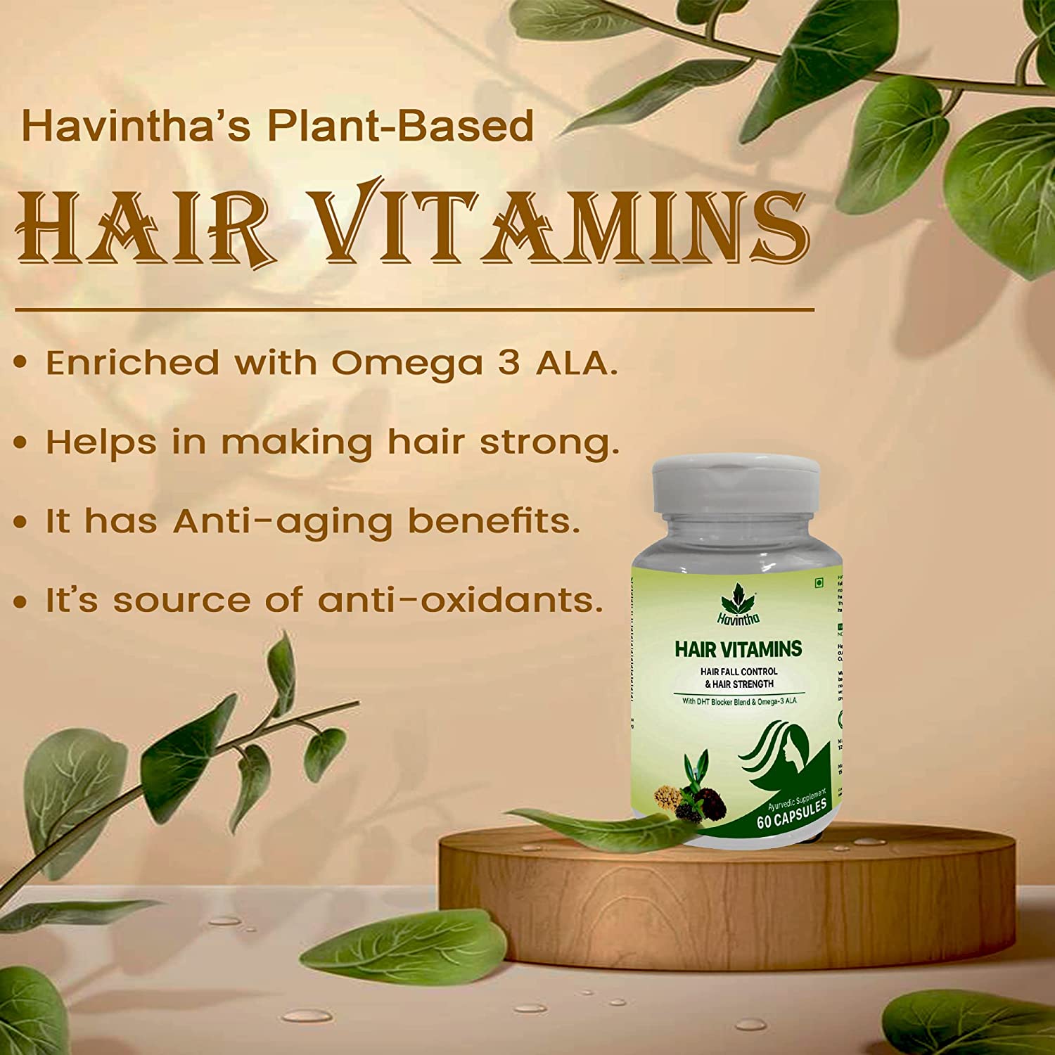 Havintha Natural Hair Shampoo With Amla, Reetha, Shikakai and Methi Dana (Advanced) 227g And Plant Based Hair Vitamins Supplement with DHT Blocker - 60 Capsules
