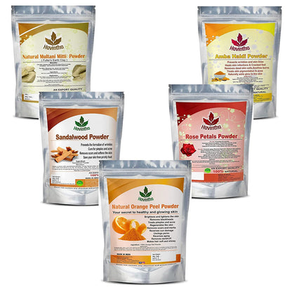 Havintha Natural Face Pack for Healthy and Glowing Skin Combo Pack of Multani Mitti, Sandal Wood, Orange Peel, Rose Petal, Amba Haldi Powder (Each 50gm)