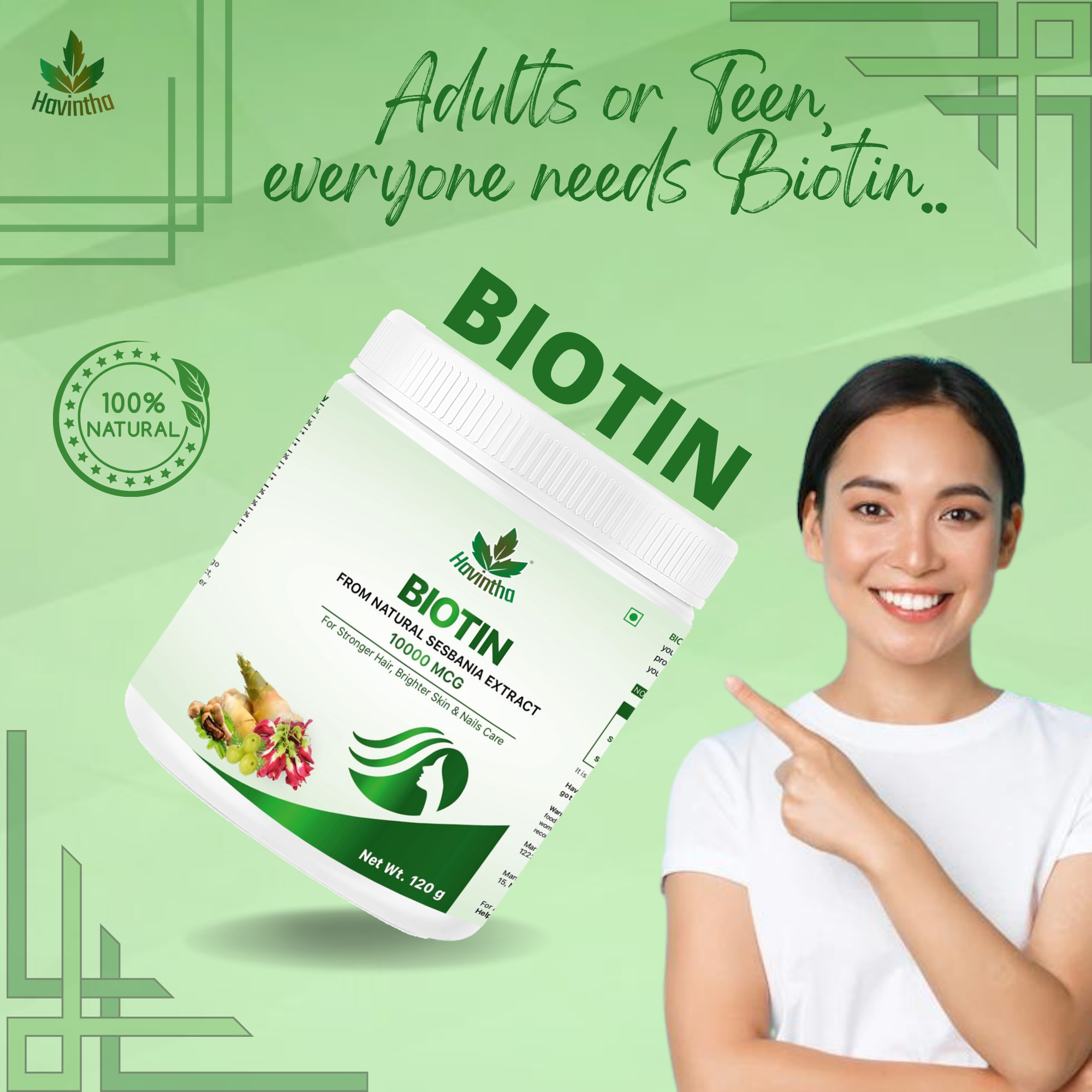 Havintha Plant Based Biotin for Skin, Nail and Hair Health (With Pomegranate, Sesbania Agati Extract and Bamboo Shoot) - 120 Gm