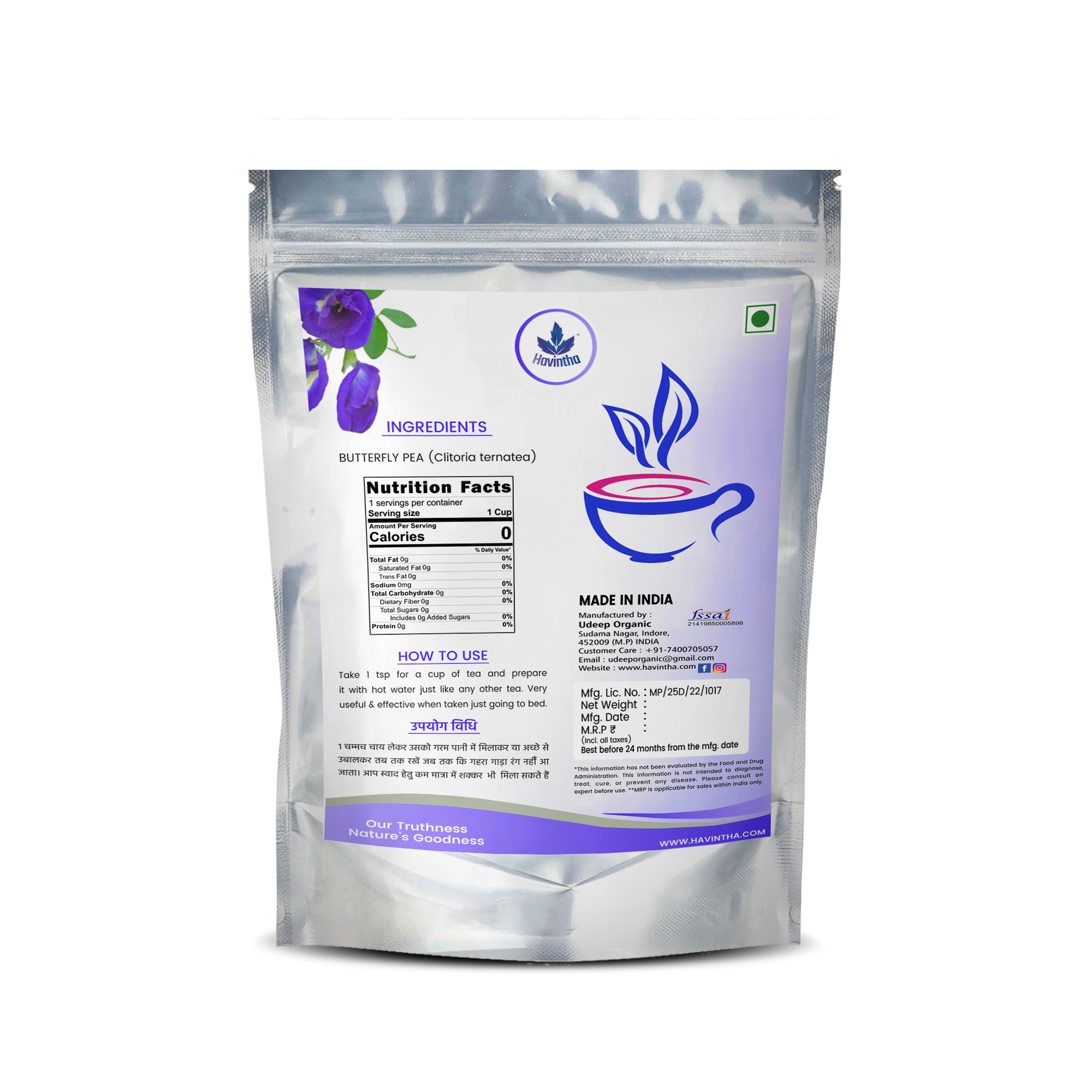 Havintha Natural Butterfly Pea Tea | Hot, Iced Butterfly Pea Flower Herbal Tea | Supports Skin &amp; Hair Health - Vegan - Caffeine Free - 50 gm (100 Cups)