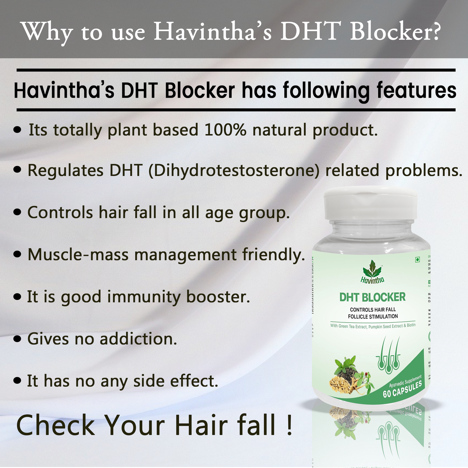 Plant Based DHT BLOCKER with Ginseng Extract, Green Tea &amp; Biotin For Hair fall Control - 60 Capsules.