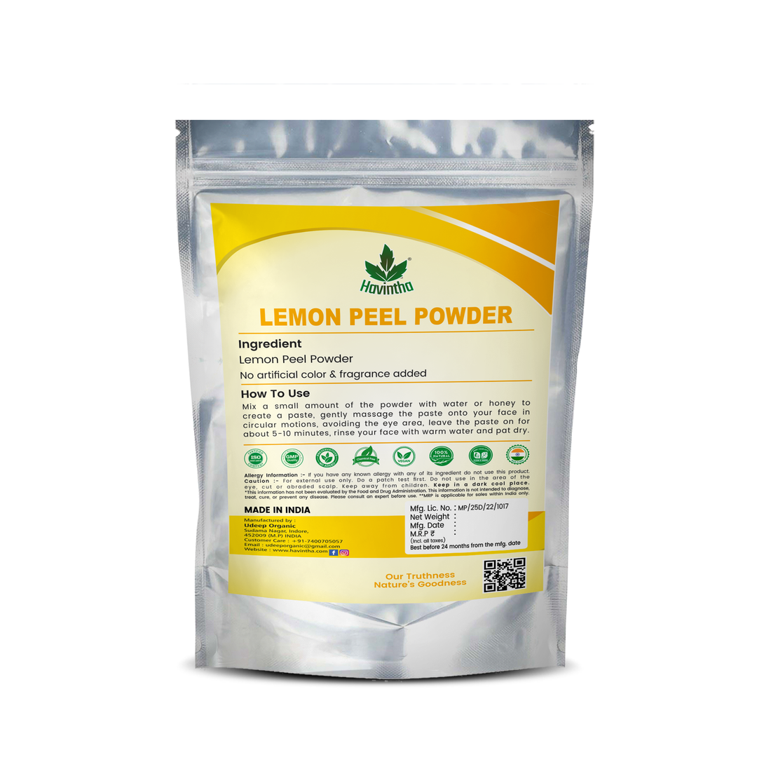 Havintha Natural Lemon Peel Powder for Face Pack | Bright Skin - 227gm