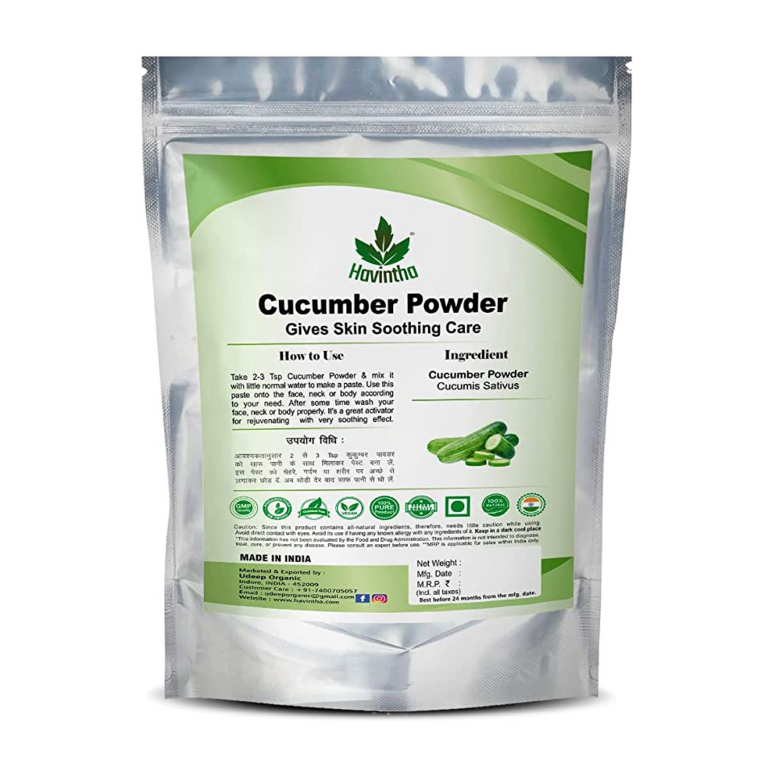 Havintha Natural Cucumber Powder for Skin Care, Health Care | Face Pack for Glowing Skin, Face Cleanser - 100gm